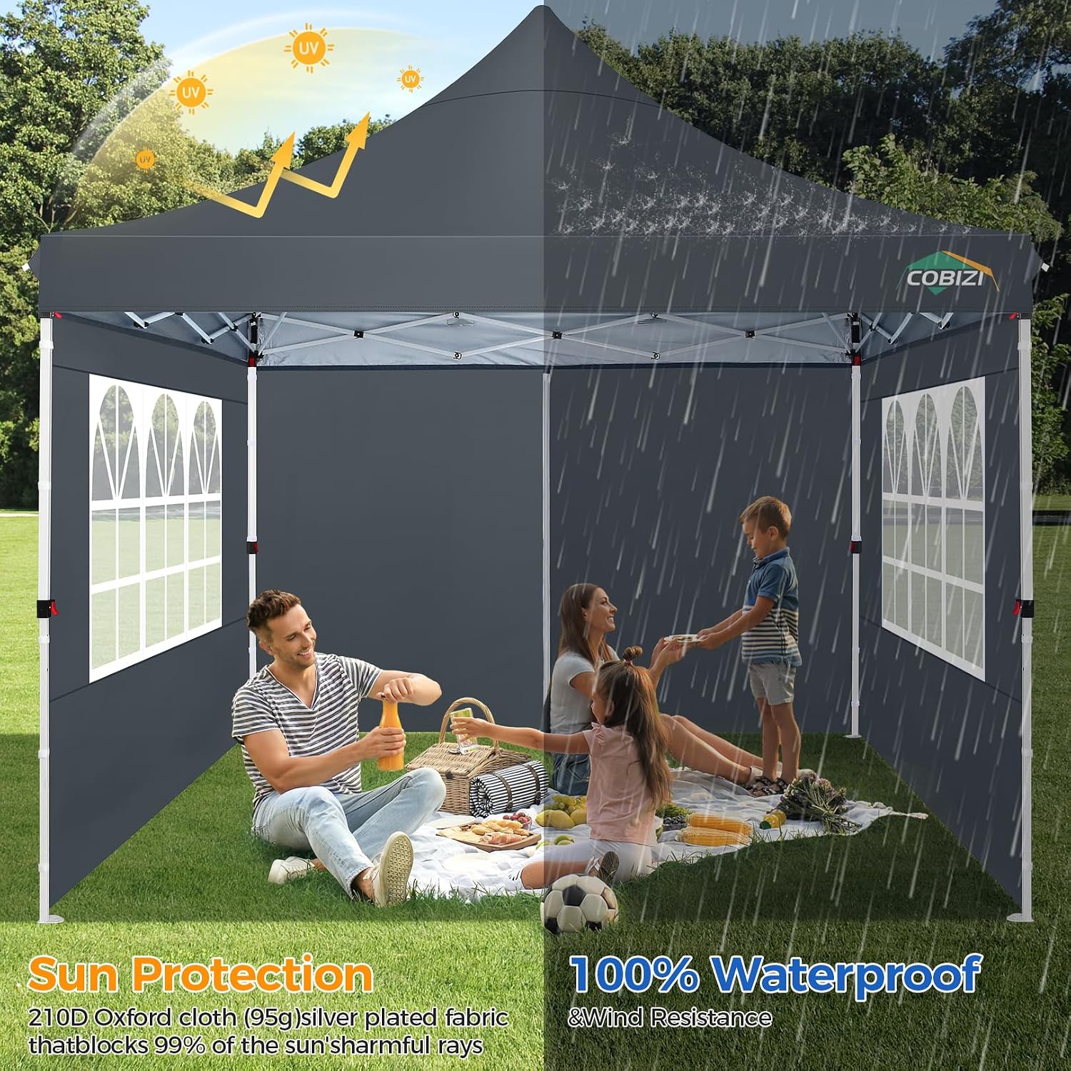 COBIZI 10x10 Pop Up Canopy with 4 Sidewalls, Pop up Tent 10x10 for Parties, Backyard, Commercial, Waterproof and Portable Instant Shelter UV50+ Ez Outdoor Canopy Gazebo with 4 Sandbags