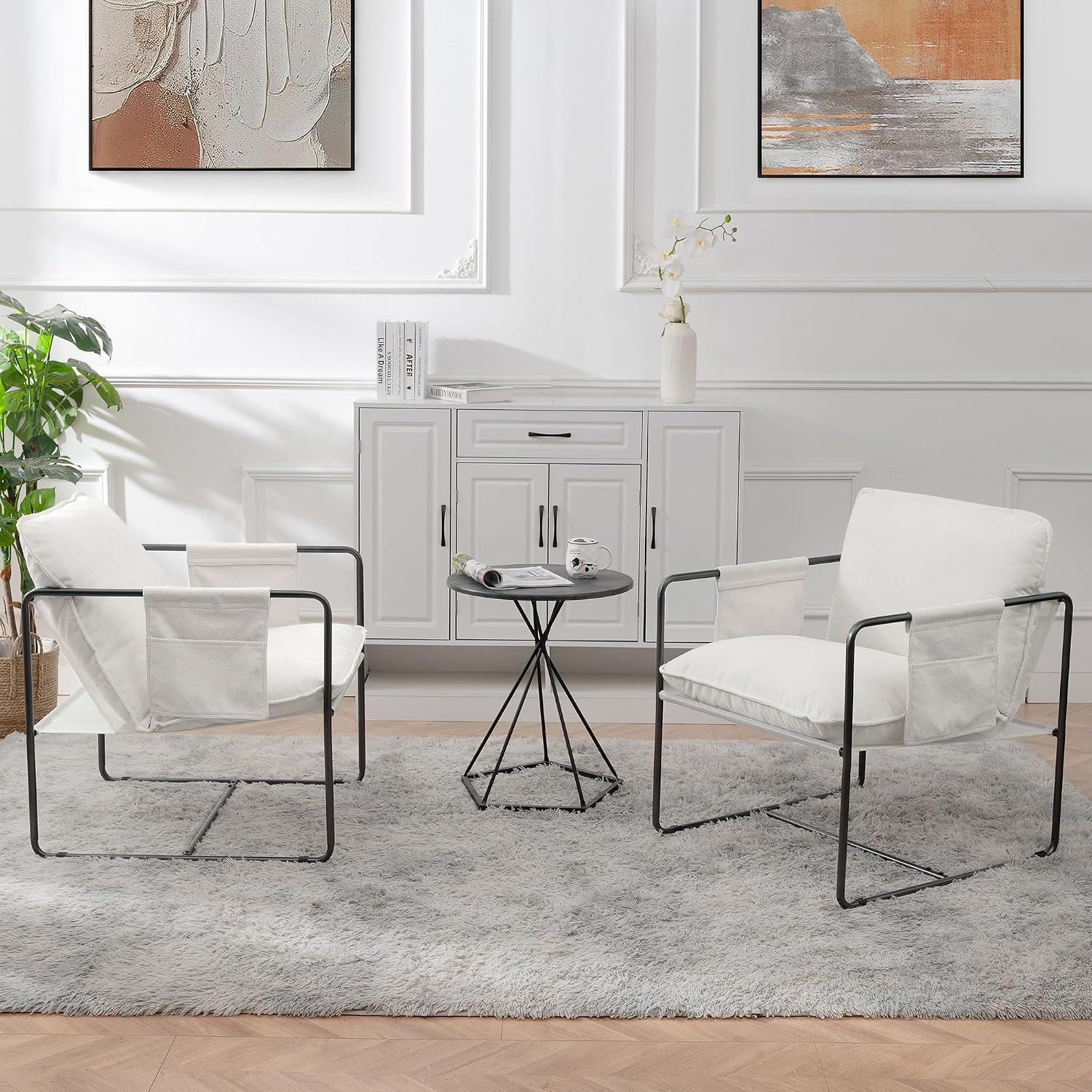 Kaimei 2 Pack White Hanging Armchairs with Armrest and Storage Pockets, Plush Cushioned Hanging Chairs for Bedroom, Living Room