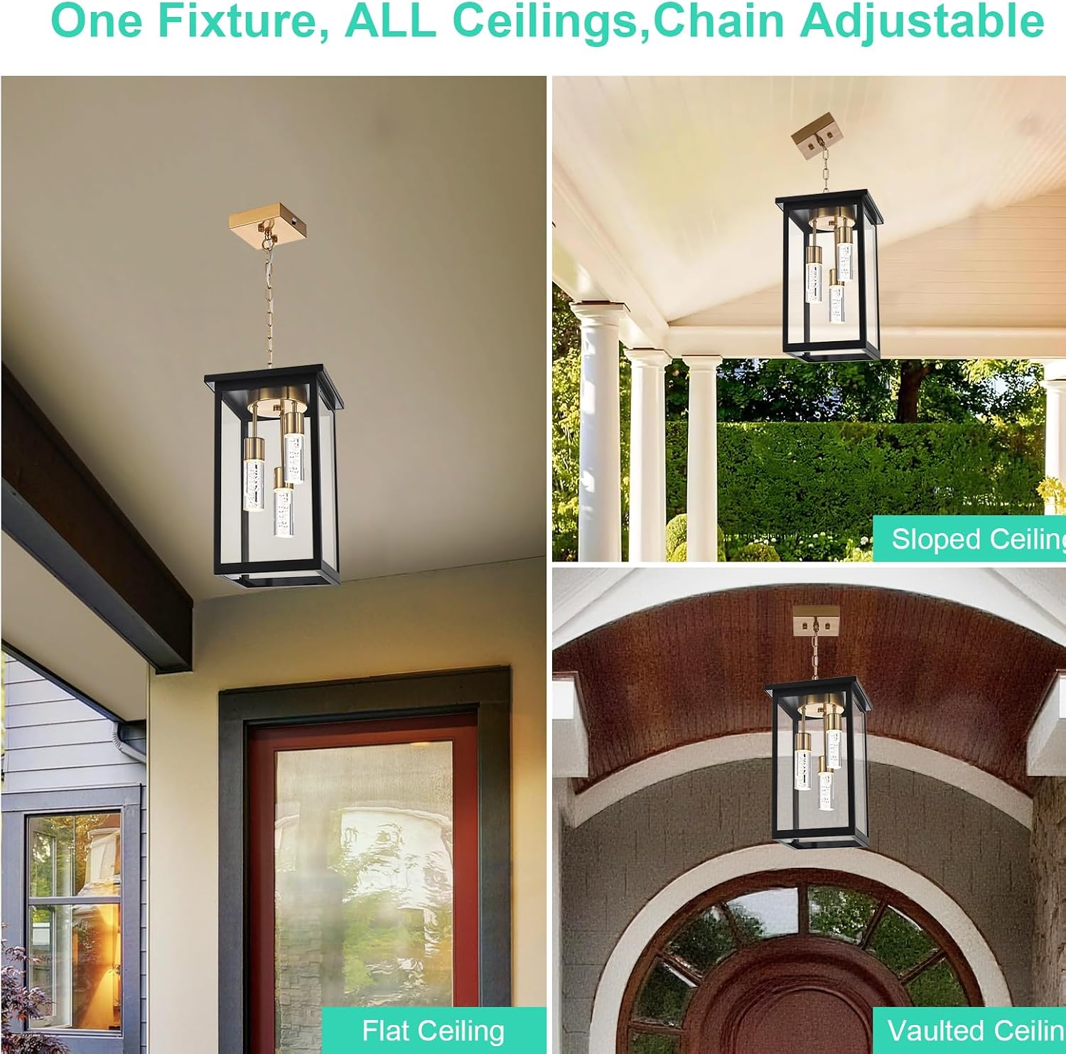 Yaohong 17' Large 5CCT LED Outdoor Pendant Light, 3-Lights Modern Black and Brushed Brass Hanging Ceiling Fixture with Acrylic Column & Clear Glass, Weatherproof Chandelier for Porch Gazebo