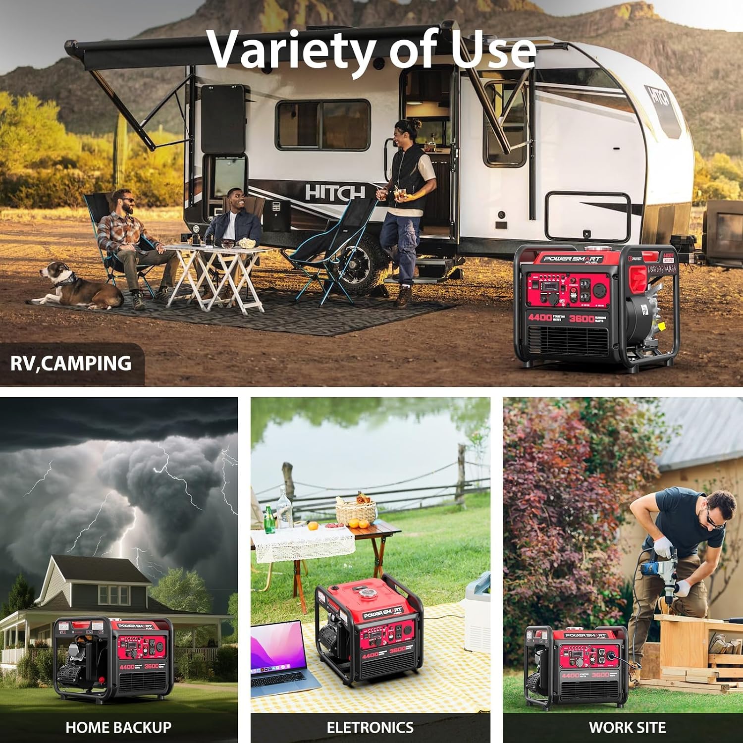 PowerSmart 4400W Portable Inverter Generator, Gas Powered, CO-Sensor, Lightweight & Quiet for Home Use and Emergency Backup, Camping, EPA Compliant