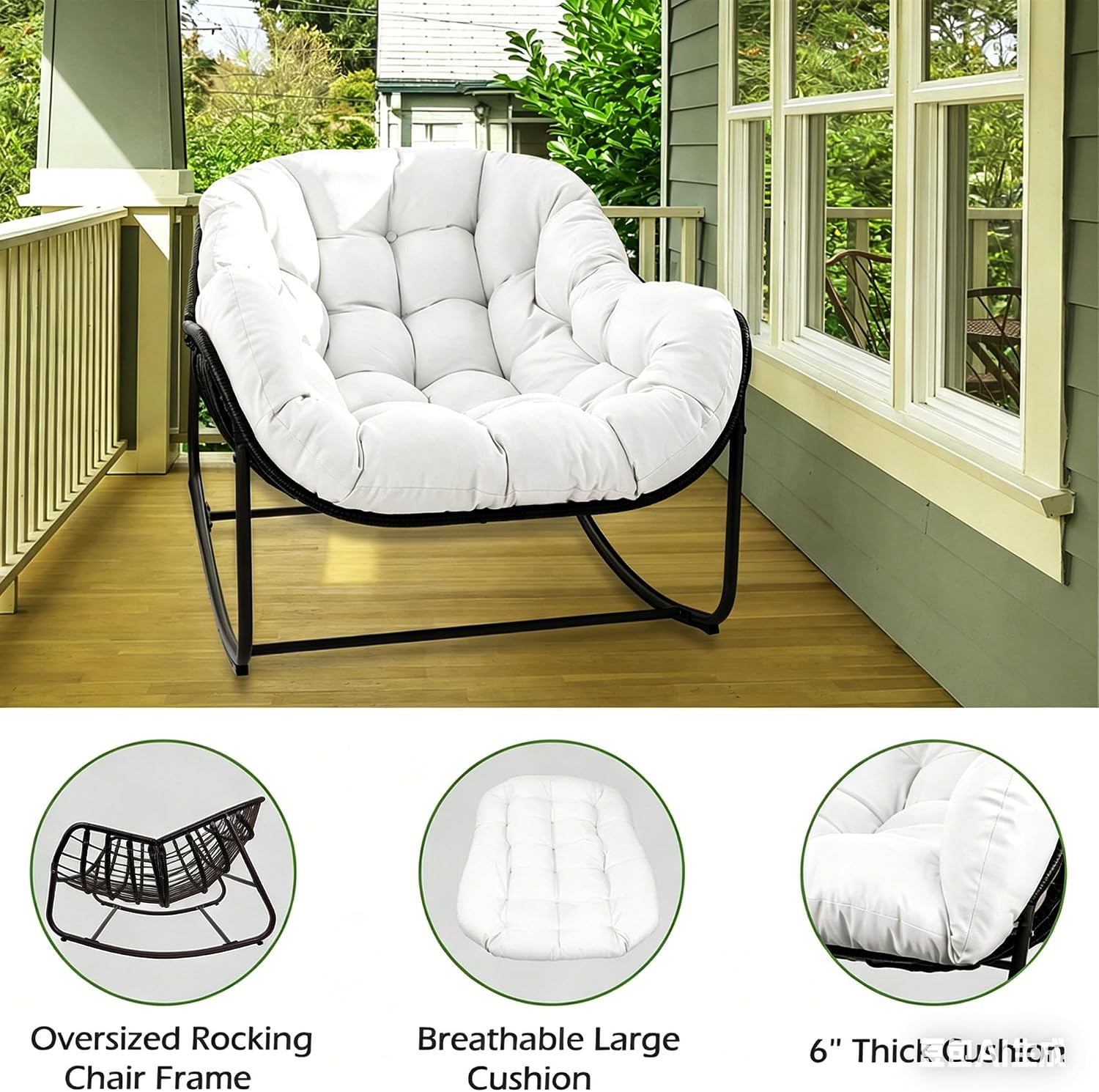 Papasan Rocking Chair, Oversized Papasan Chair with Cushion and Frame for Indoor& Outdoor,Egg-Shaped Patio Rocking Chair for Garden, Deck, Living Room, White