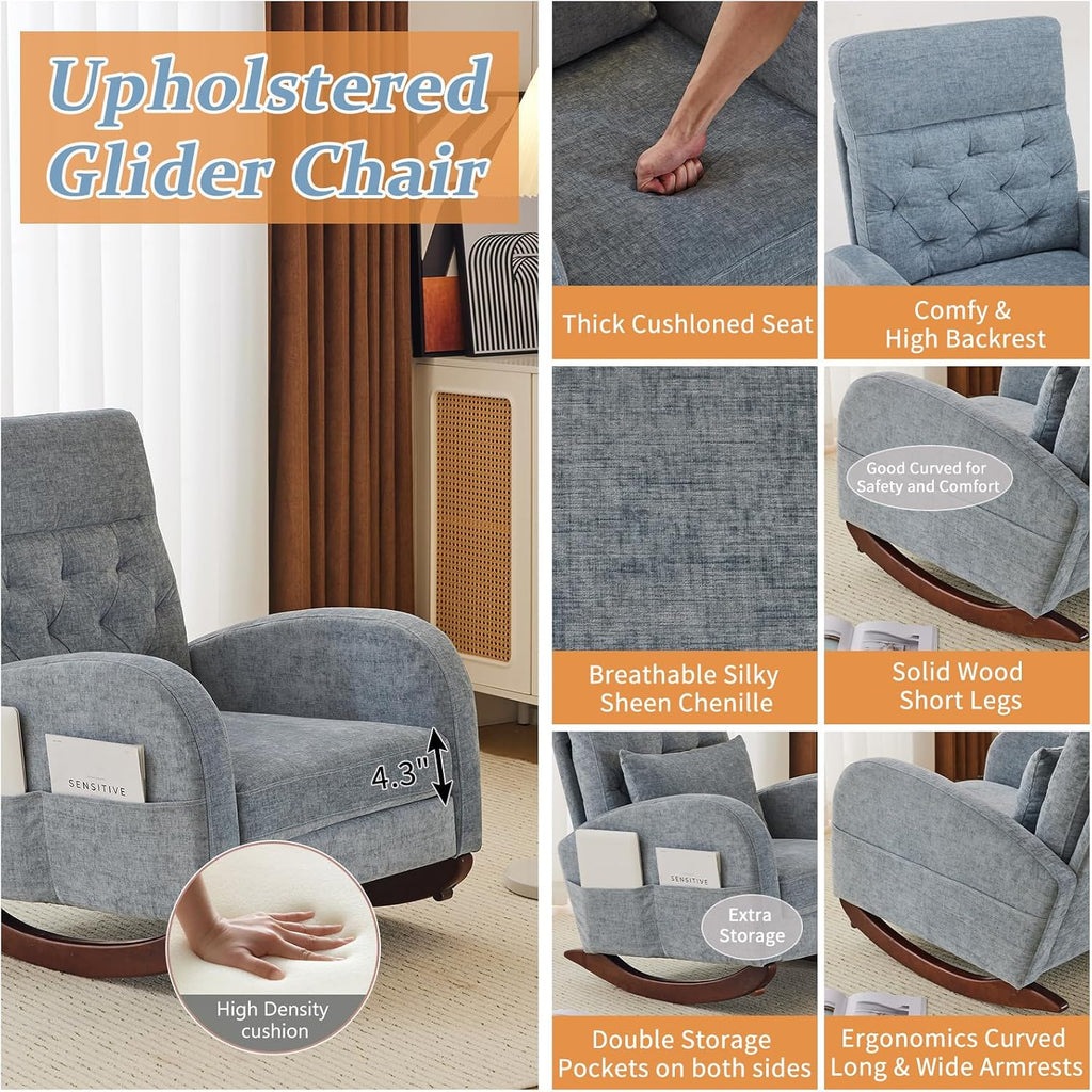 VINGLI Chenille Low Seat Nursery Rocking Chair,Upholstered Comfy Rocker Glider Chair with Side Pockets, Accent Arm Chair with High Backrest,Solid Wood Base for Living Room Bedroom Balcony,Blue
