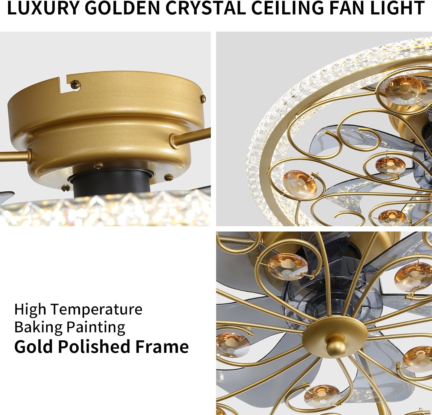 Ceiling Fans with Lights and Remote Caged Low Profile Farmhouse Ceiling Fan with Smart LED 6 Speed 3 Color Temp. Enclosed Ceiling Fan Flush Mount Fandelier for Bedroom Living Room Gold Crystal