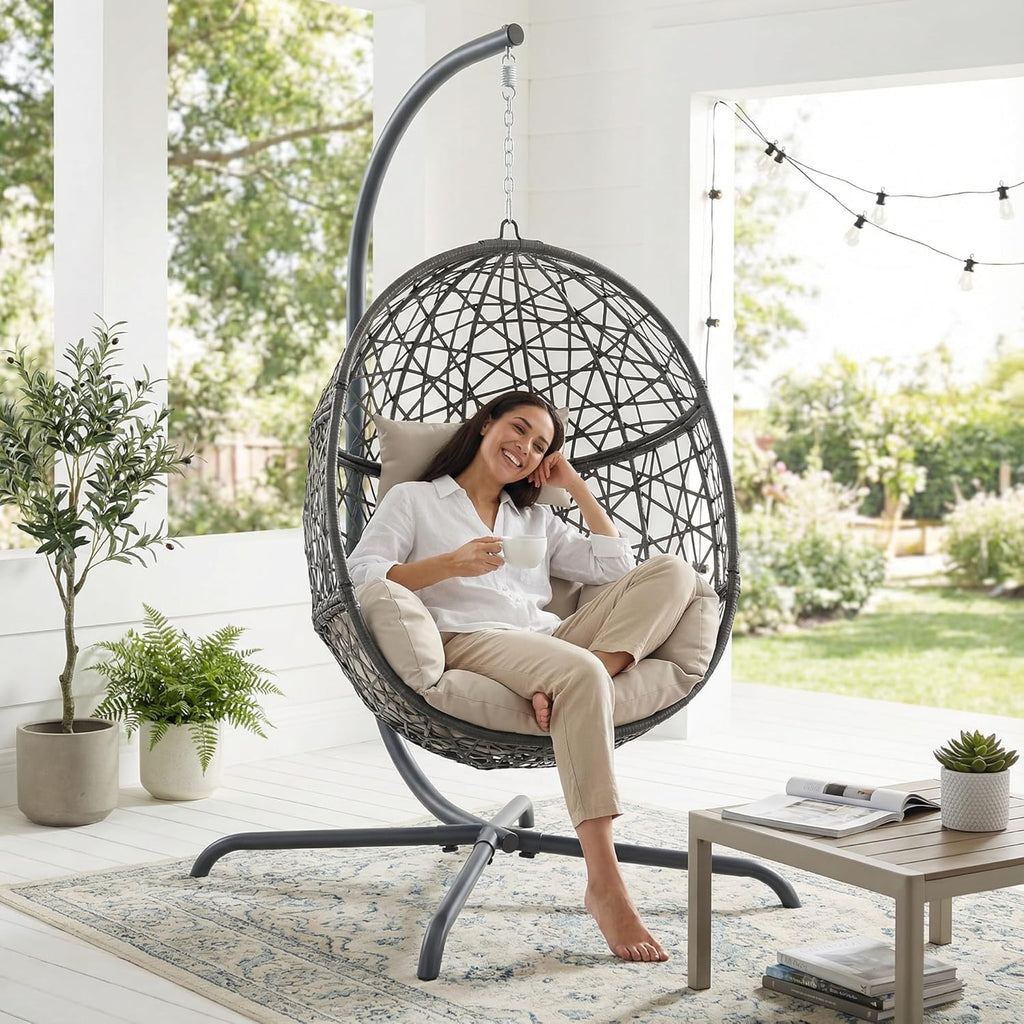 NICESOUL Oversized Patio Swing Egg Chair, Rattan Outdoor Indoor Hanging Egg Chair with Stand, Cozy Bird Cage Swinging Basket Chairs, 350 lbs Egg-Shape Padded Seat for Balcony Outside, Beige