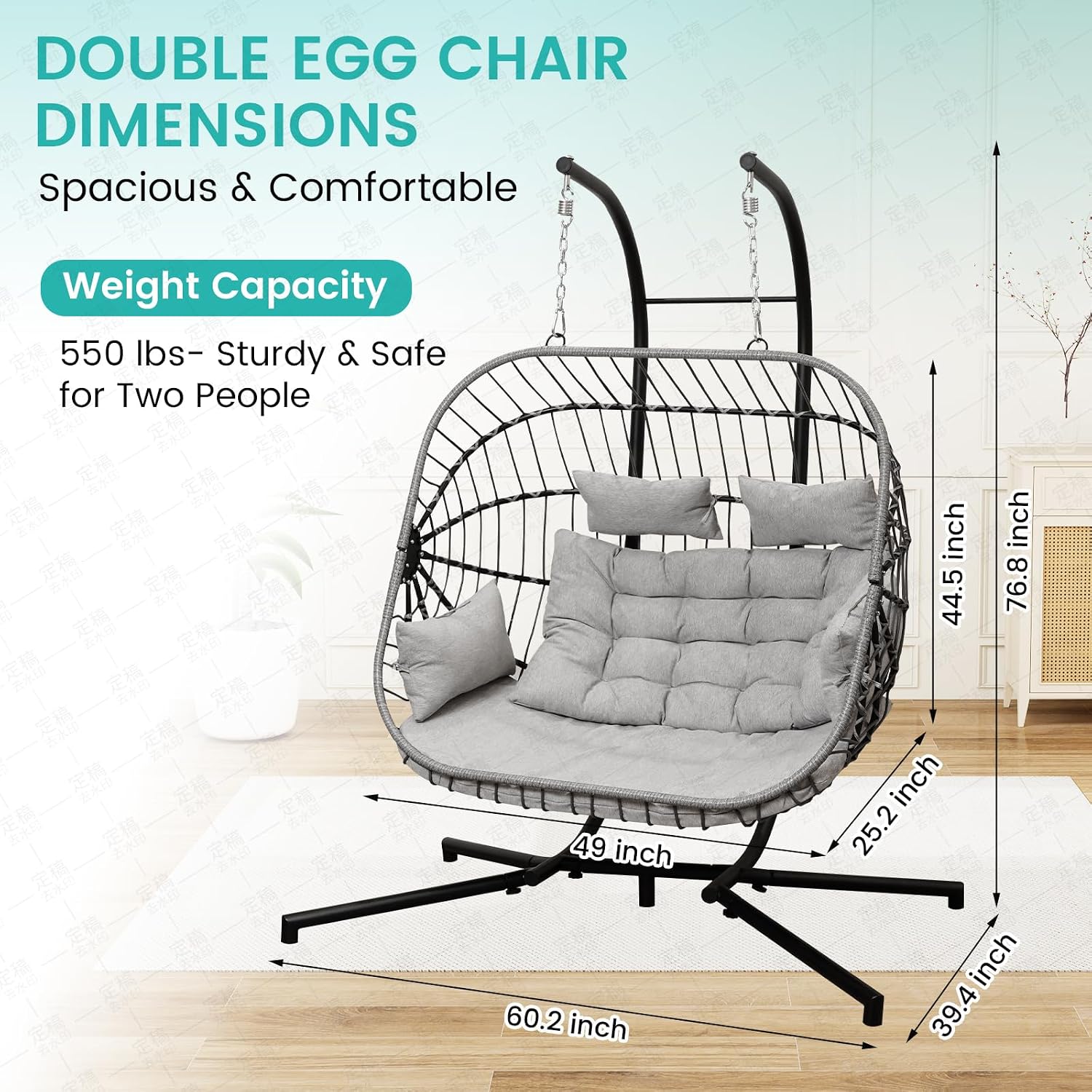 Double Egg Swing Chair with Stand Patio Rattan Wicker Hammock Chairs Outdoor Indoor Egg Swing Chair with Cushion Headrest 550 Lbs Capacity for Bedroom Balcony Garden Porch Backyard, Grey