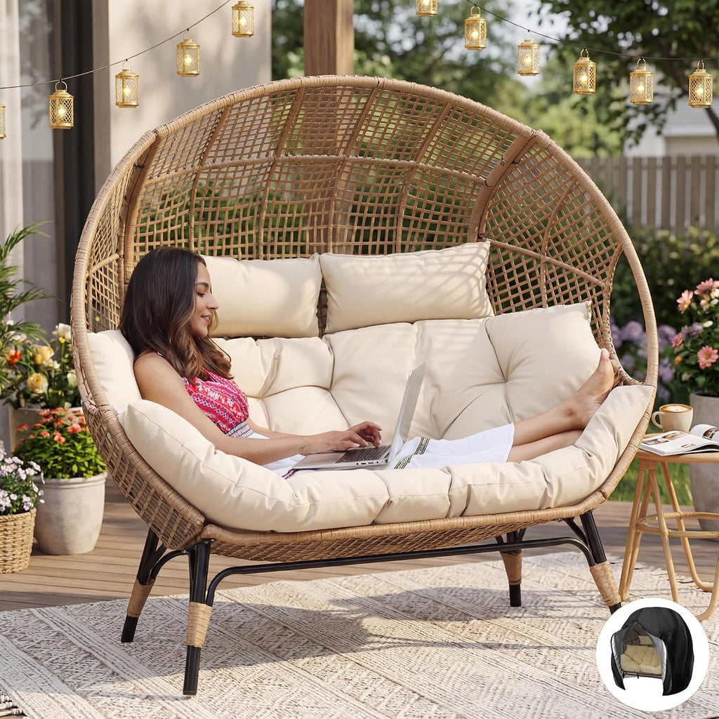 NICESOUL® Double Egg Chair Indoor Outdoor Stationary Oversized Thicken Padded Cushions,2 Person Egg Loveseat Chair, Extra Large Lounge Chair for Patio Balcony Porch Backyard Beige with Cover