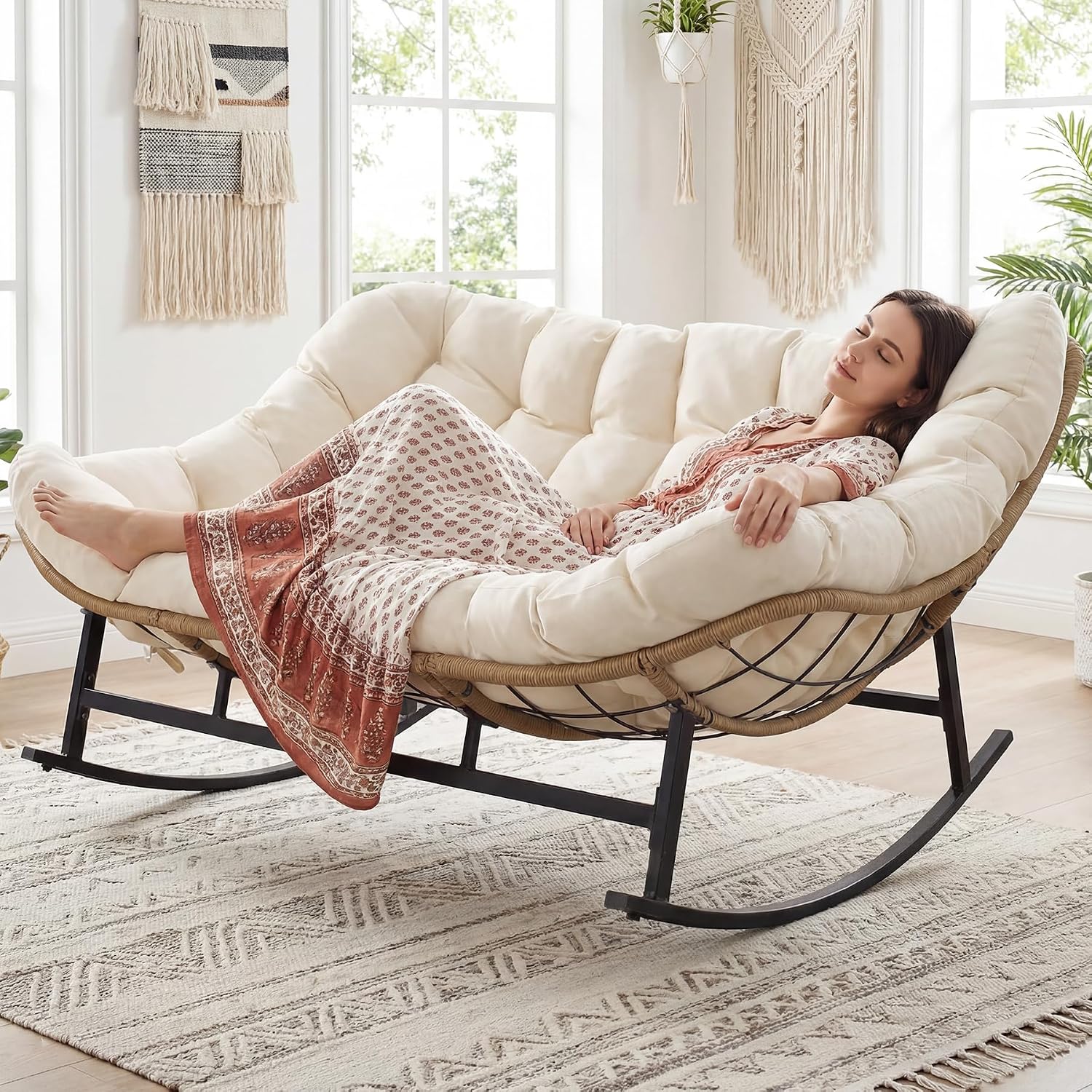 RADIATA Double Egg Rocking Chair for 2, Oversized Rattan Recliner Loveseat with Padded Cushion, Heavy Duty Comfy Large Papasan Rocker for Reading Outdoor Patio Balcony Backyard Indoor, Beige