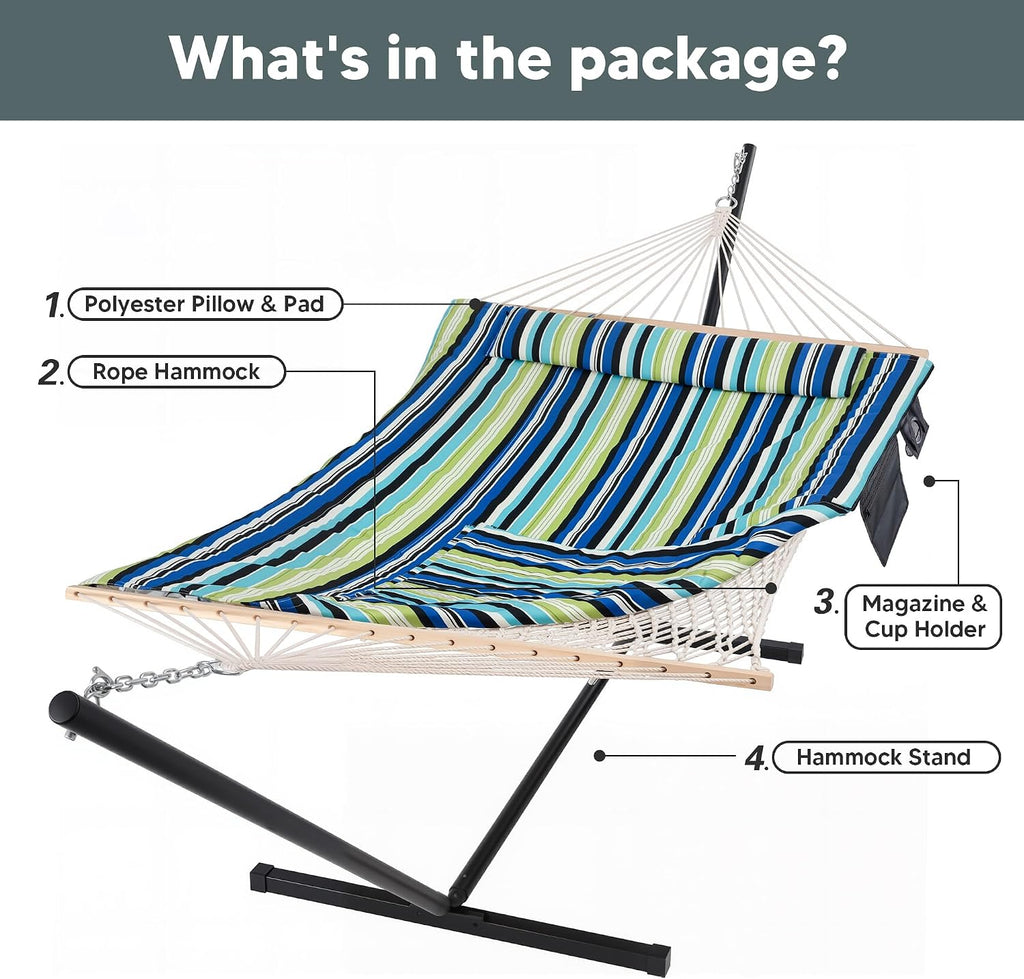 SUNCREAT Hammocks Double Cotton Rope Hammock with Polyester Pad, Heavy Duty Hammock with Steel Stand, Blue&Green