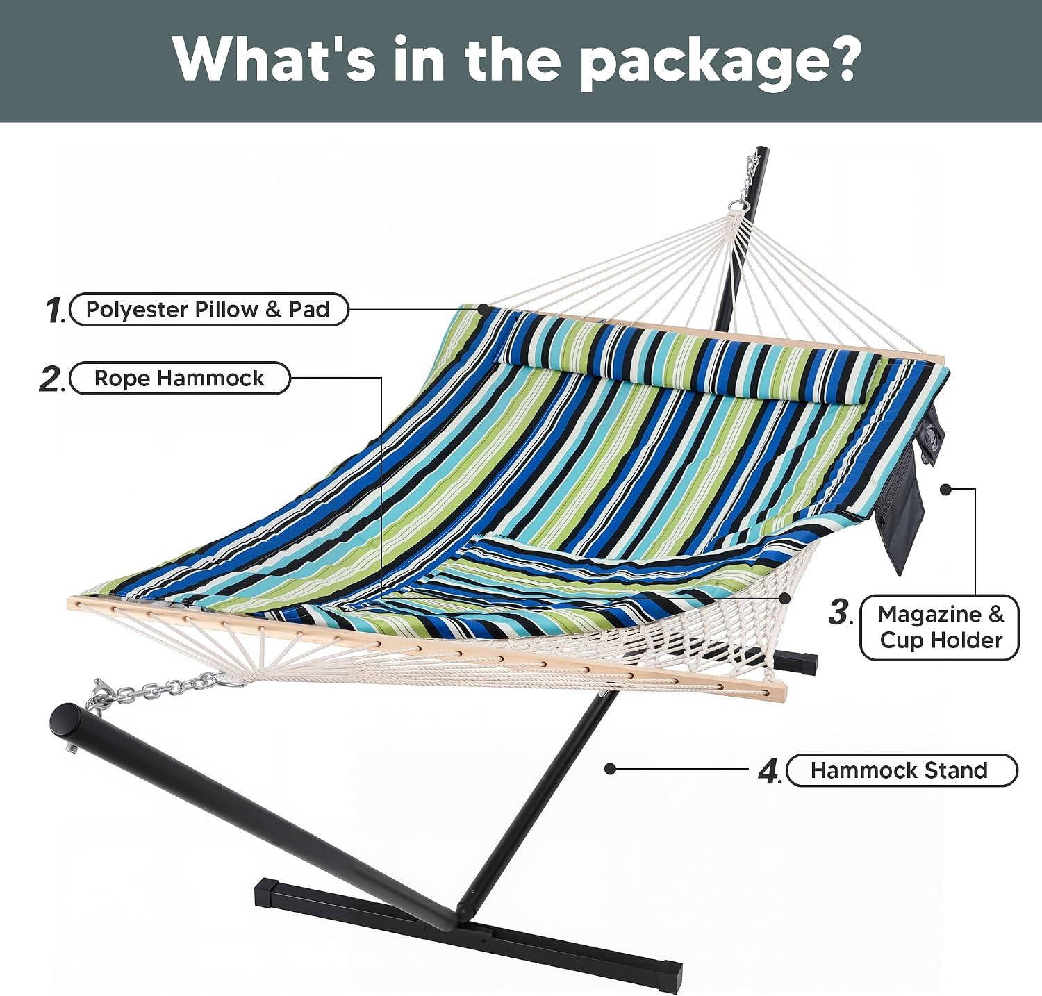 SUNCREAT Hammocks Double Cotton Rope Hammock with Polyester Pad, Heavy Duty Hammock with Steel Stand, Blue&Green