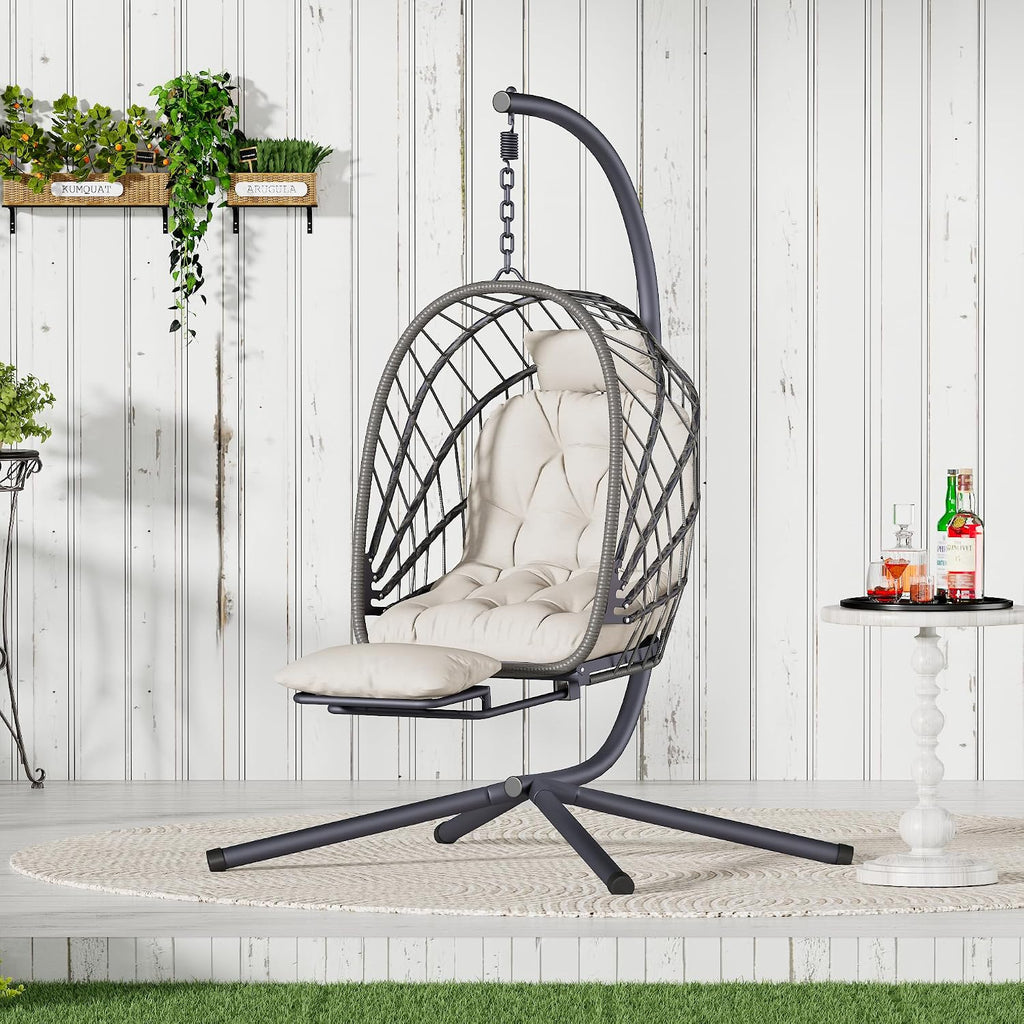 Outdoor Egg Swing Chair with Stand and Footrest, Comfy Patio Hammock Hanging Rocking Egg Chair with Cushion for Bedroom Indoor, Dark Gray (Beige)