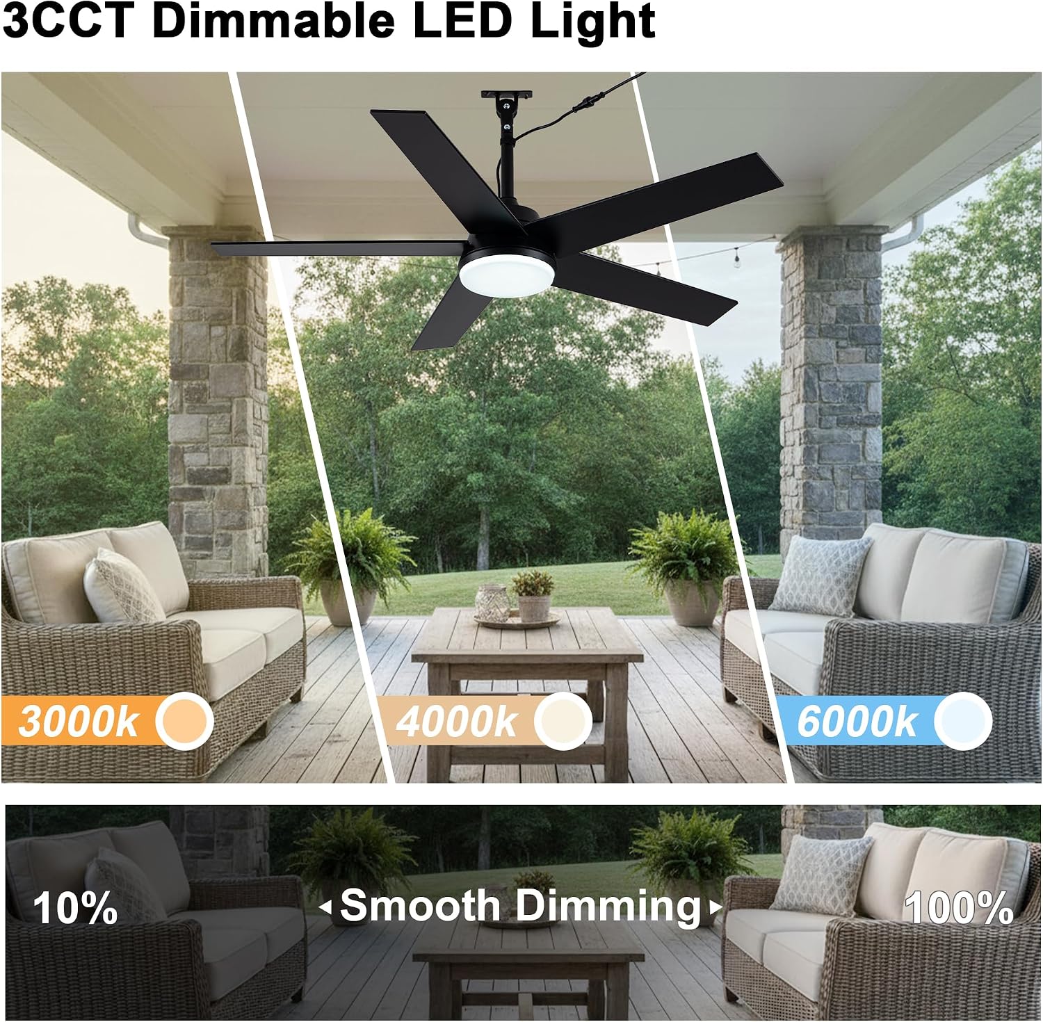 48' Waterproof Outdoor Ceiling Fan with Light IP65 Wet Rated Gazebo Fan Outdoor Hanging Plug in Ceiling Fan for Patios Porch Indoor Outdoor, APP Remote Control 3CCT LED Reversible 6 Speeds