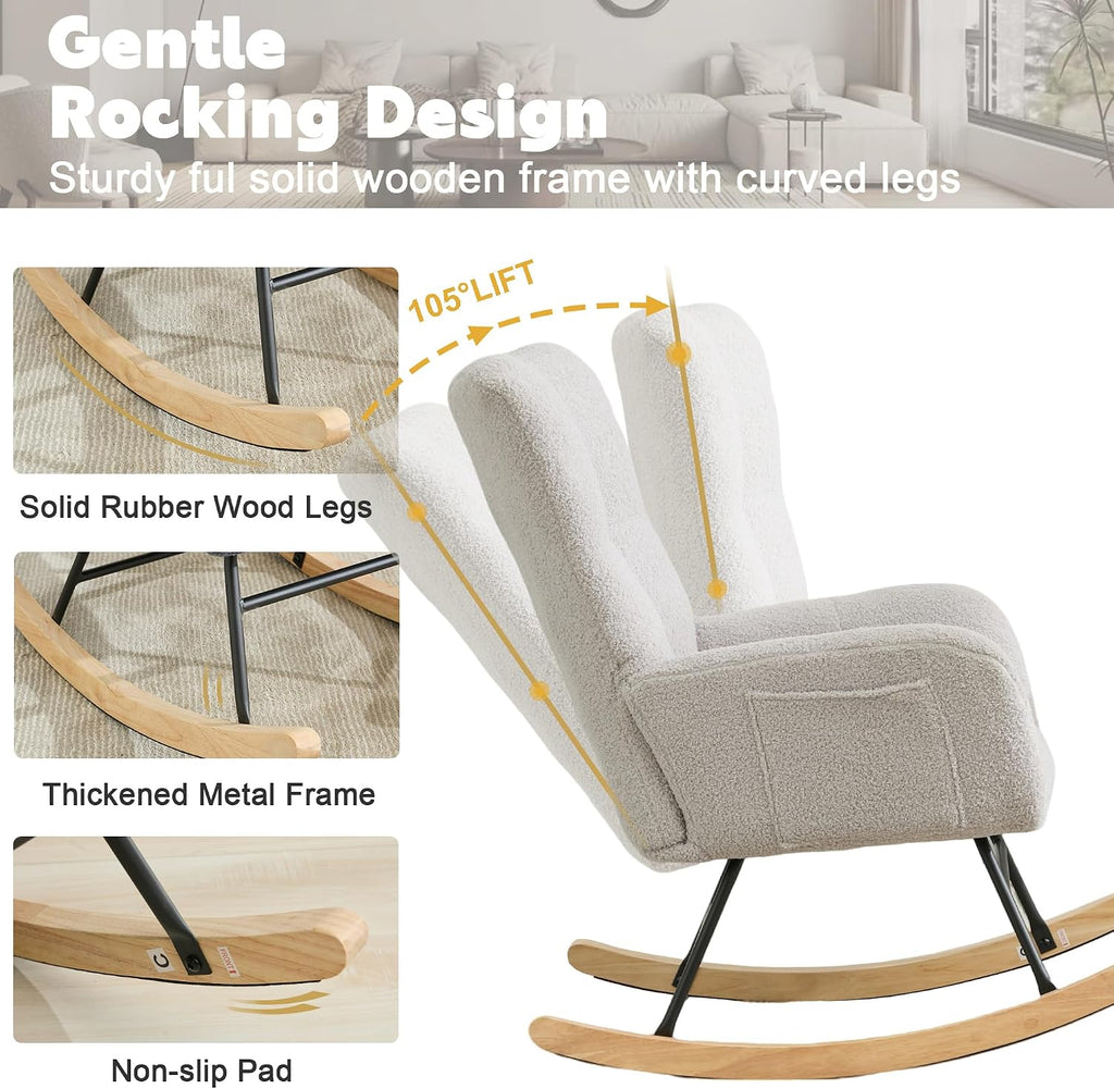 Nursery Rocking Chair, Teddy Upholstered Glider Rocker Rocking Accent Chair with High Backrest Armchair Comfy Side Chair for Living Room, Bedroom, Offices (Light Gray)