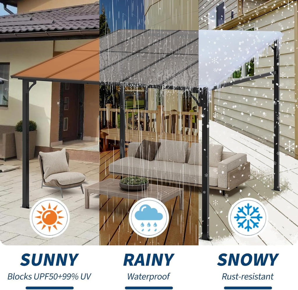 10'x 10'Wall Mounted Gazebo, Hardtop Lean-to Pergola with Polycarbonate Roof, Heavy Duty Outdoor Patio Awnings for Deck, Porch, Backyard, Garden, Weather Resistant, Brown