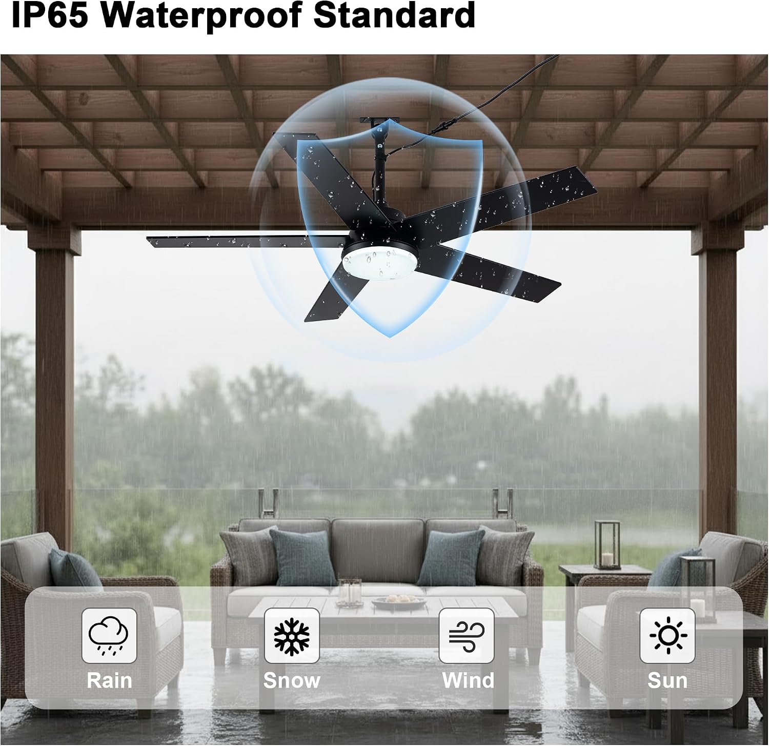 48' Waterproof Outdoor Ceiling Fan with Light IP65 Wet Rated Gazebo Fan Outdoor Hanging Plug in Ceiling Fan for Patios Porch Indoor Outdoor, APP Remote Control 3CCT LED Reversible 6 Speeds