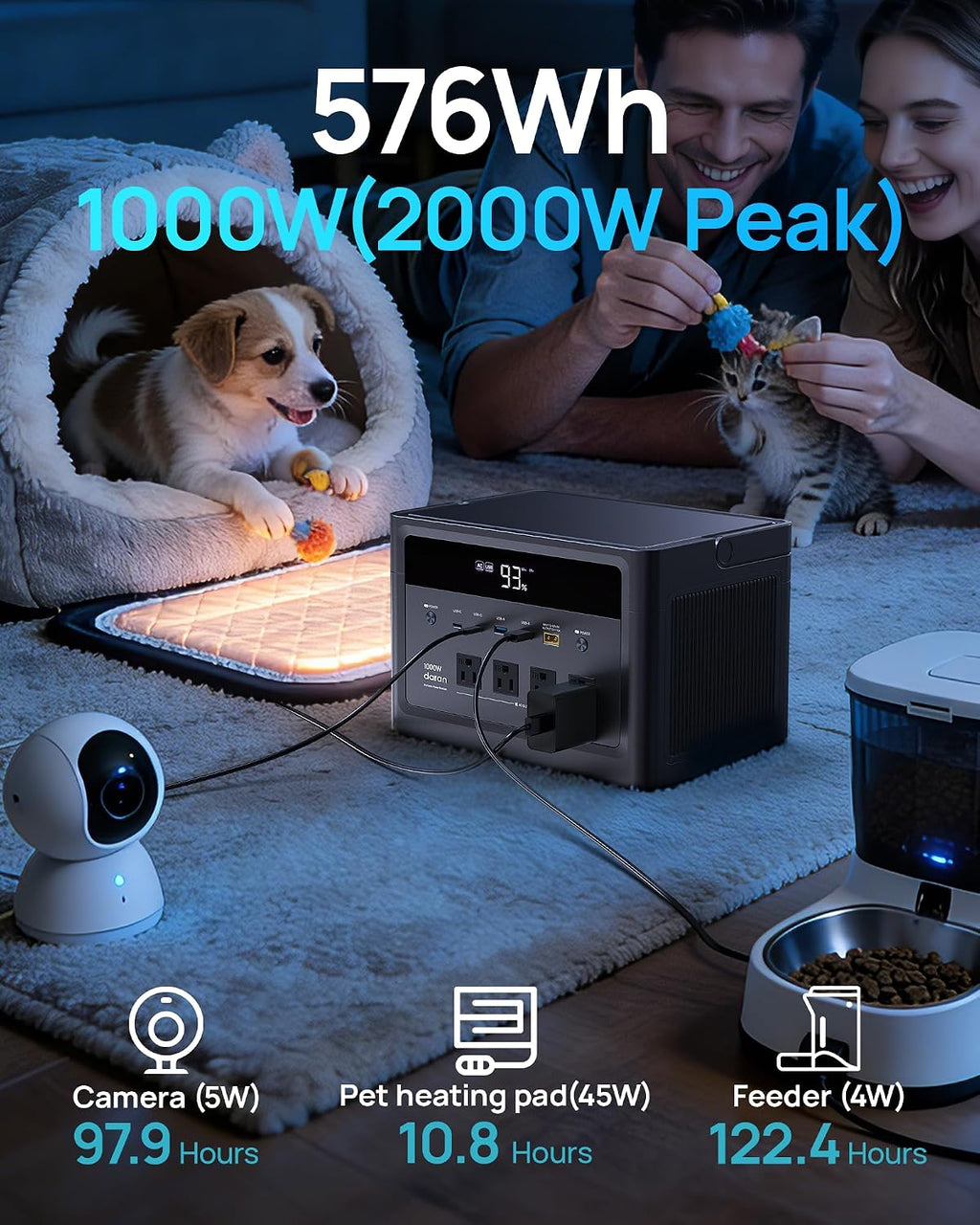 DARAN 1000W Portable Power Station, 576Wh Backup Battery & Solar Generator w/ 4 AC Outlets (Surge 2000W), 100W USB-C, LiFePO4 for Camping, Road Trips, RV & Emergency