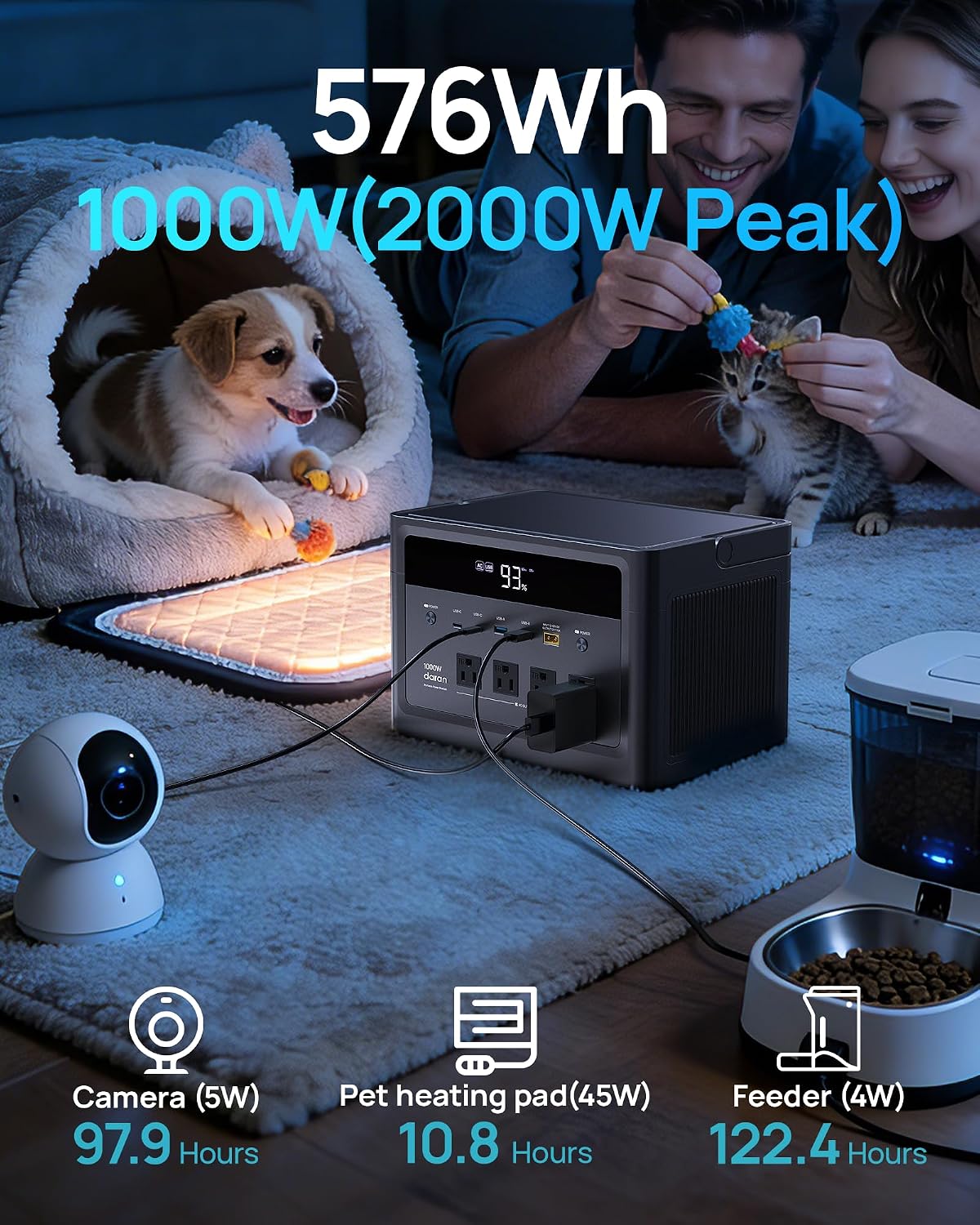DaranEner 1000W Solar Generator (2000W Peak), 576Wh LiFePO4 Battery Portable Power Station, 1.8H Fast Charge, Home Emergency Backup, Portable Generator for RV Camping, Travel (Solar Panel Optional)