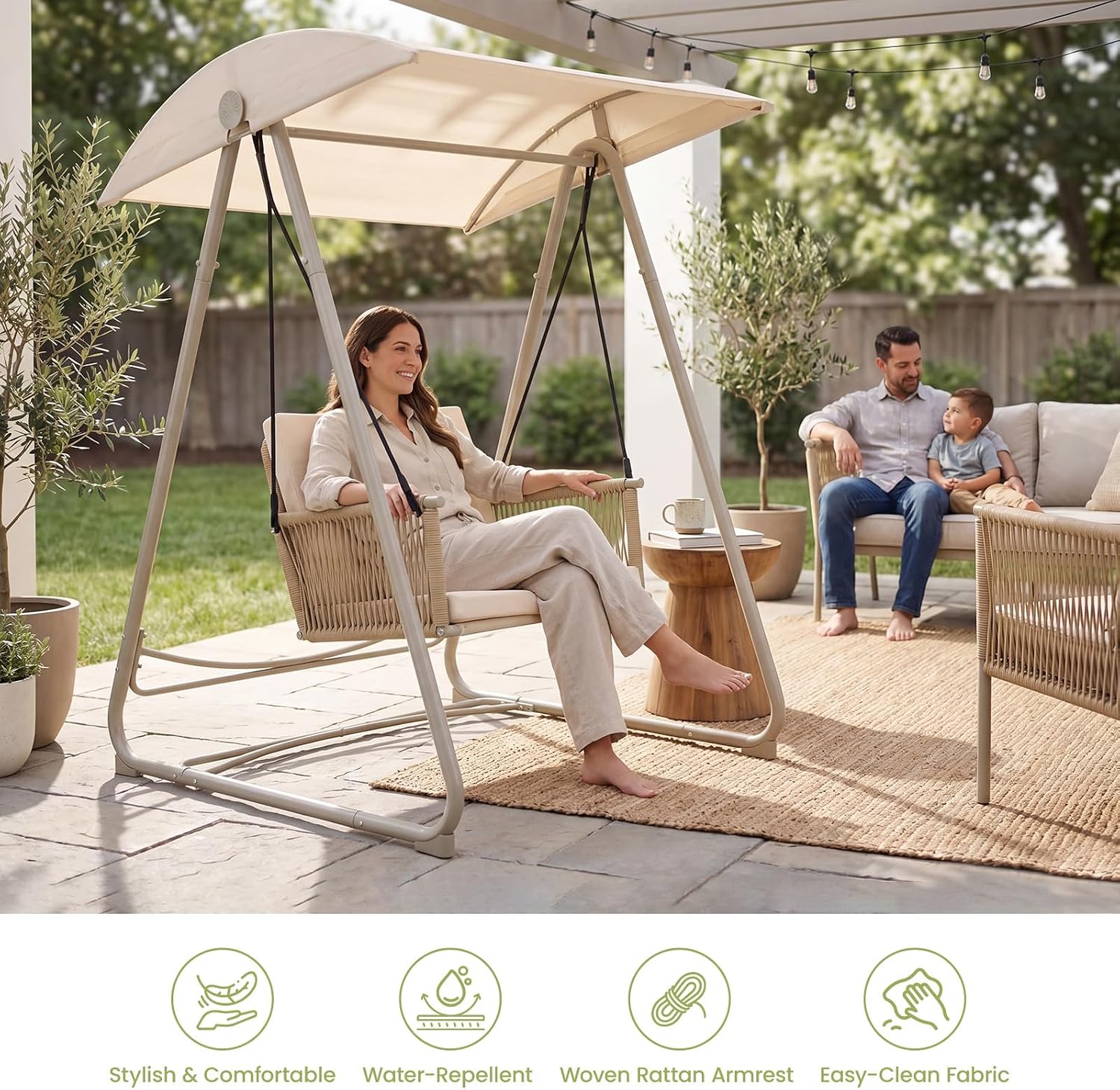 Porch Swing with Stand, Outdoor Swing with Canopy, All Weather Outdoor Swings for Adults, 400lbs Heavy Duty Porch Swings with Removable Cushions, Single Hanging Chair for Small Space, Beige