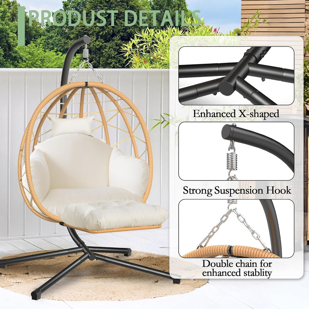 Hanging Egg Chair with Stand and Leg Rest Outdoor Indoor Swing Rattan Wicker with UV Resistant Cushions Gift for Kid Mom Girlfriend use for Bedroom Patio Balcony Nest Chair