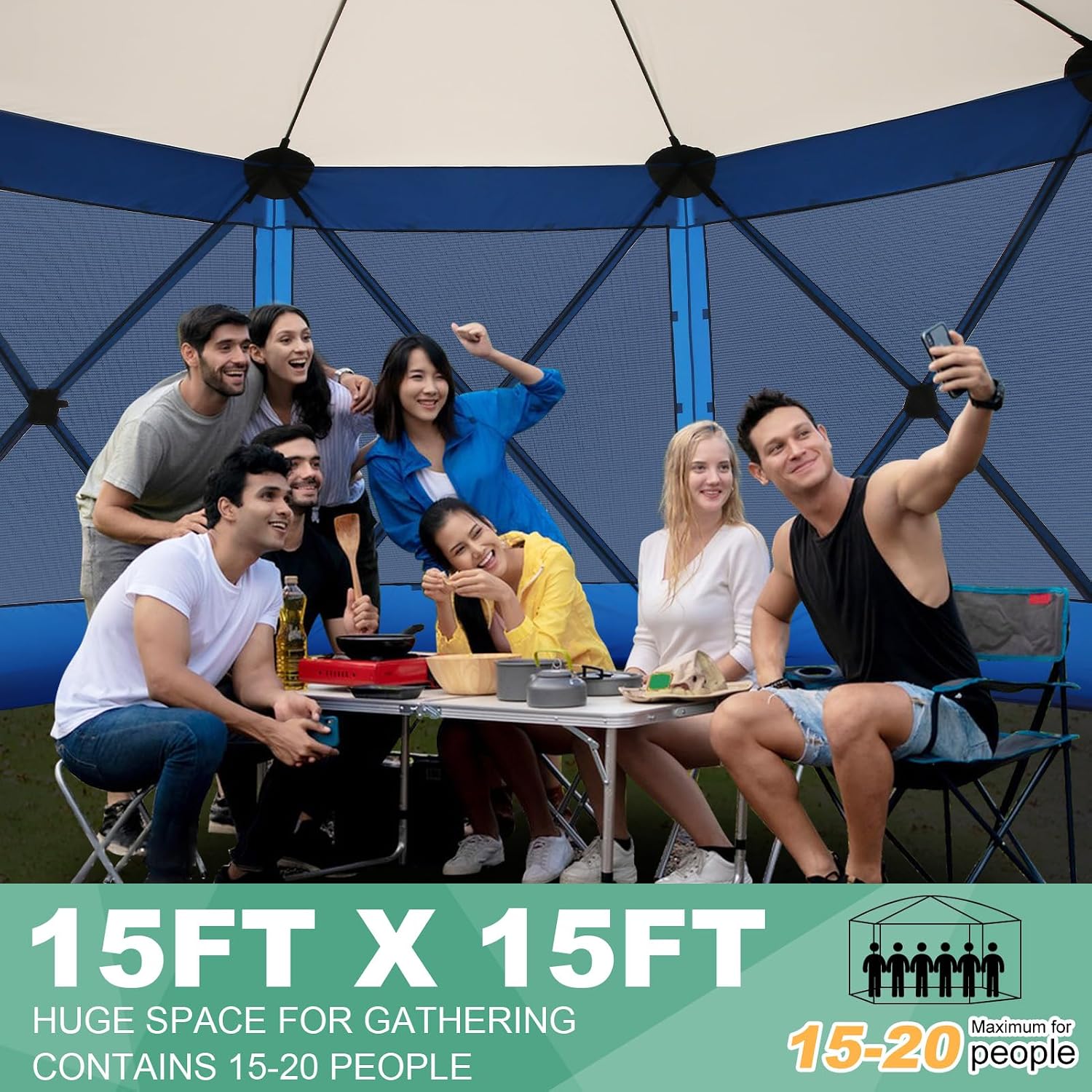 COBIZI 15x15ft Extra Large Pop Up Gazebo Canopy Tent with Mosquito Netting, Spacious Easy Set-Up Screened Shelter, Durable Outdoor Pavilion with Ground Stakes, Perfect for Patio, Backyard, Blue
