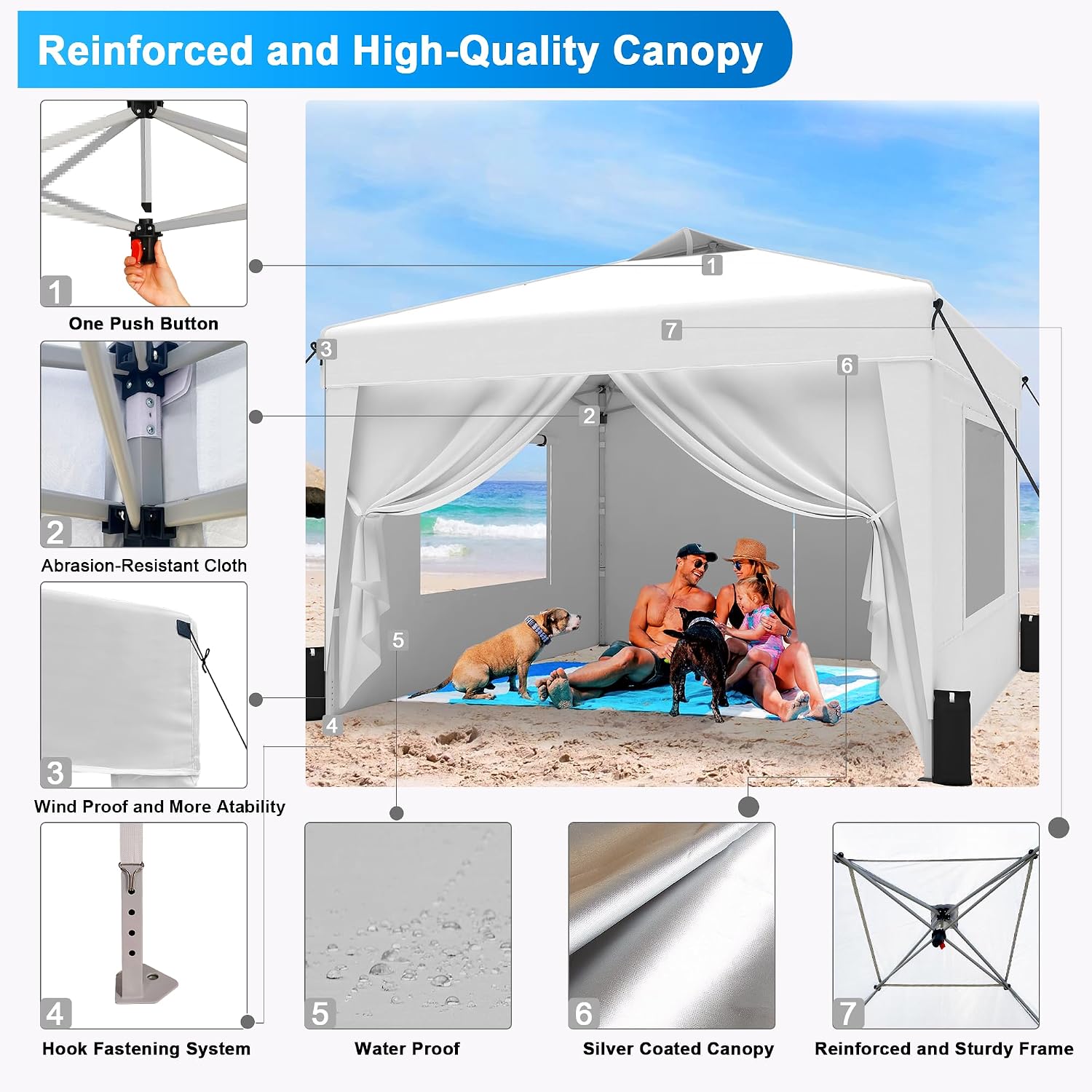 SANWAY 10x10 Pop Up Canopy Tent with Sidewalls x 4 – Easy Setup Canopy Tent, Waterproof, UV-Resistant, Portable with Carry Bag for Outdoor Events, Camping, and Backyard Parties – Silver White