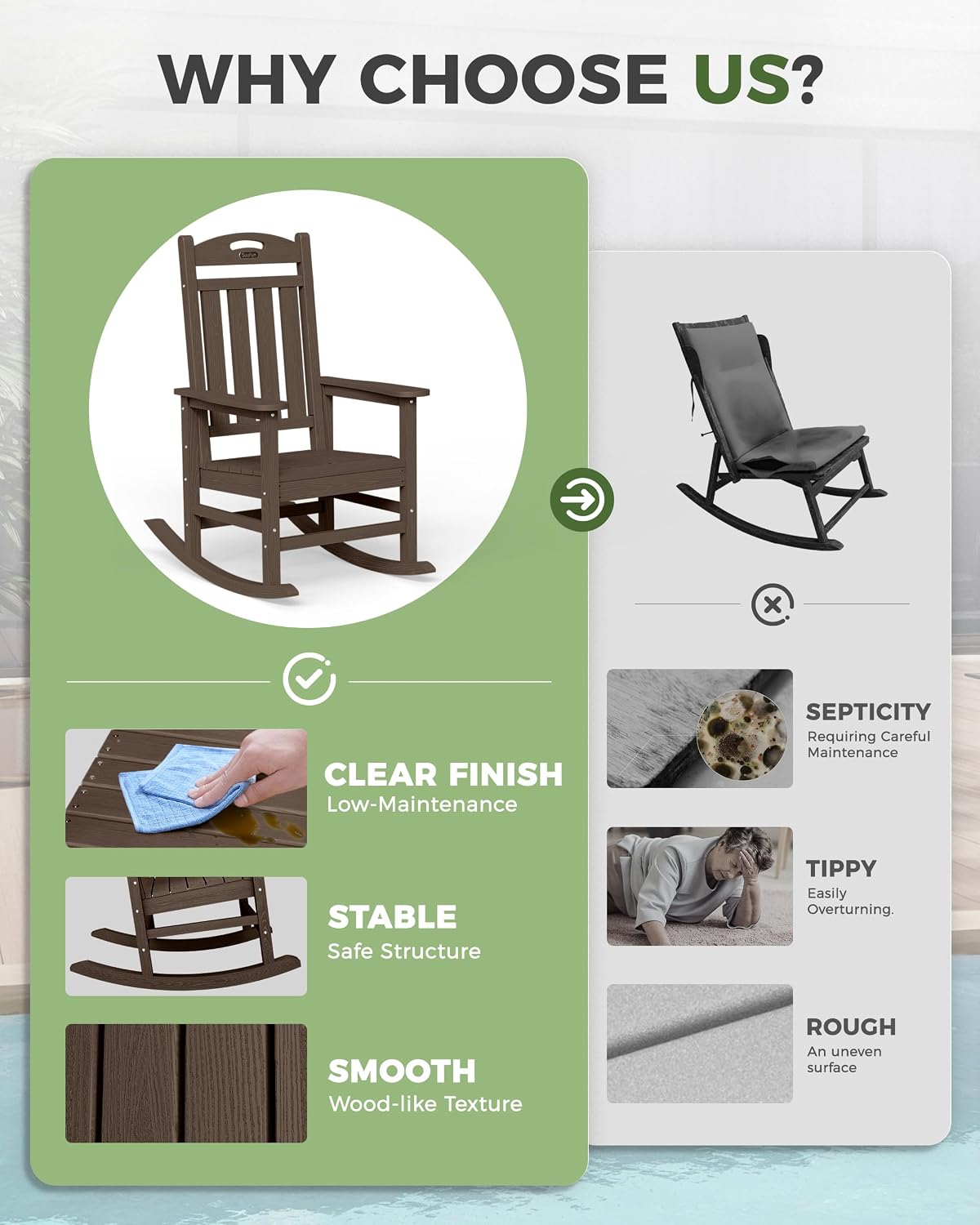 Oversized Outdoor Rocking Chairs Set of 4, High Back Porch Rocker Chair, HDPE All Weather Resistant Rocking Chairs for Patio, 380lbs Weight Capacity, Brown