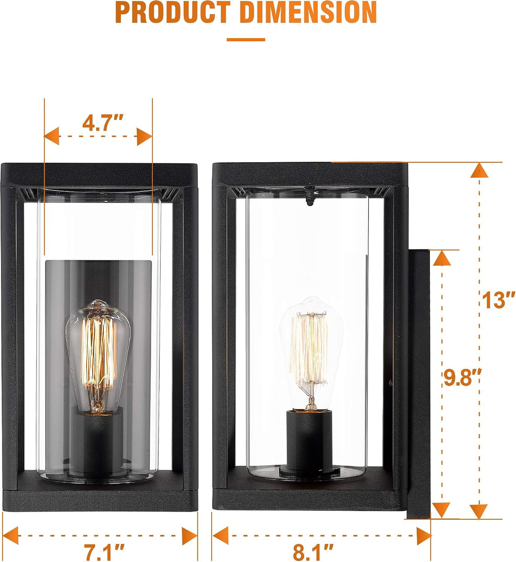 Beionxii Dusk to Dawn Outdoor Wall Lights, Modern Exterior Wall Sconces Porch Lantern, Black Cast Aluminum w/Clear Cylinder Glass - A291W-2PK