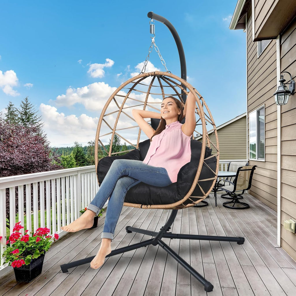 Hanging Egg Chair Swing with Stand, Hanging Chair, Webbing & PE Rattan Weaving, Thickened UV Resistant Cushion & Alloy Steel Frame, for Patio Bedroom Balcony (YH)
