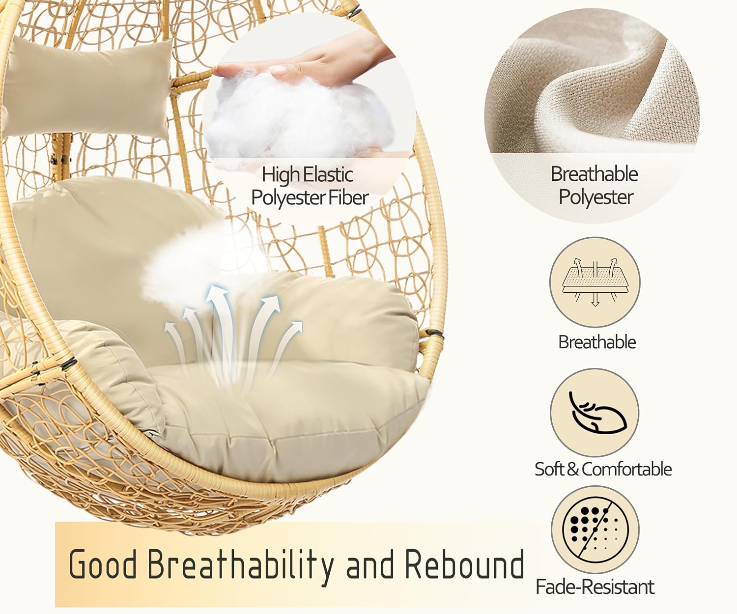 DoubleTT Indoor/Outdoor Wicker Swing Egg Chair Hammock Hanging Chair Nest Basket with Stand, UV Resistant Removable & Washable Cushions,350LBS Capacity for Bedroom, Balcony, Garden (Yellow and Beige)
