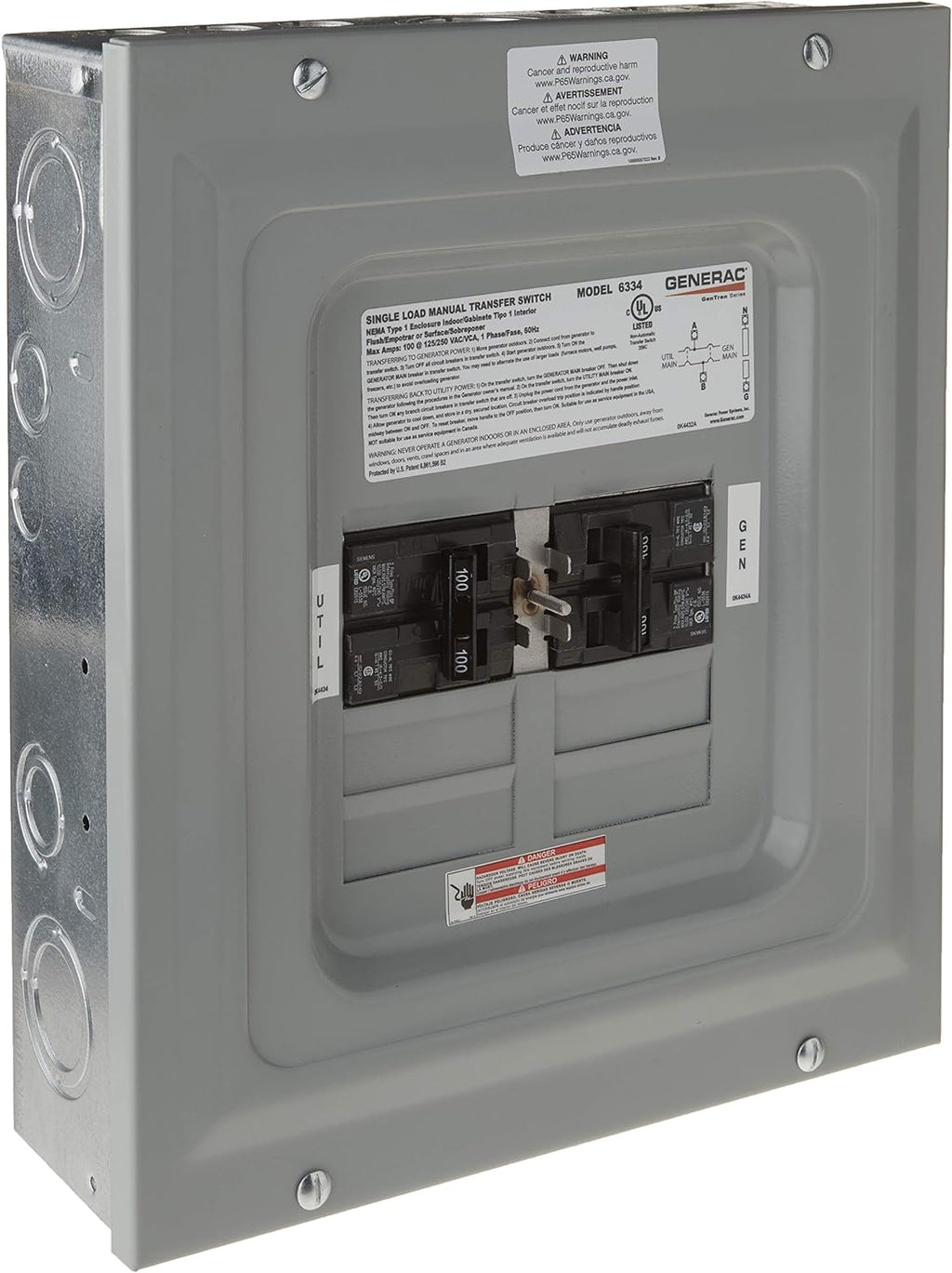 Generac 60-Amp Manual Generator Transfer Switch, Single Load Double Pole, Indoor Backup Power for Portable Generators