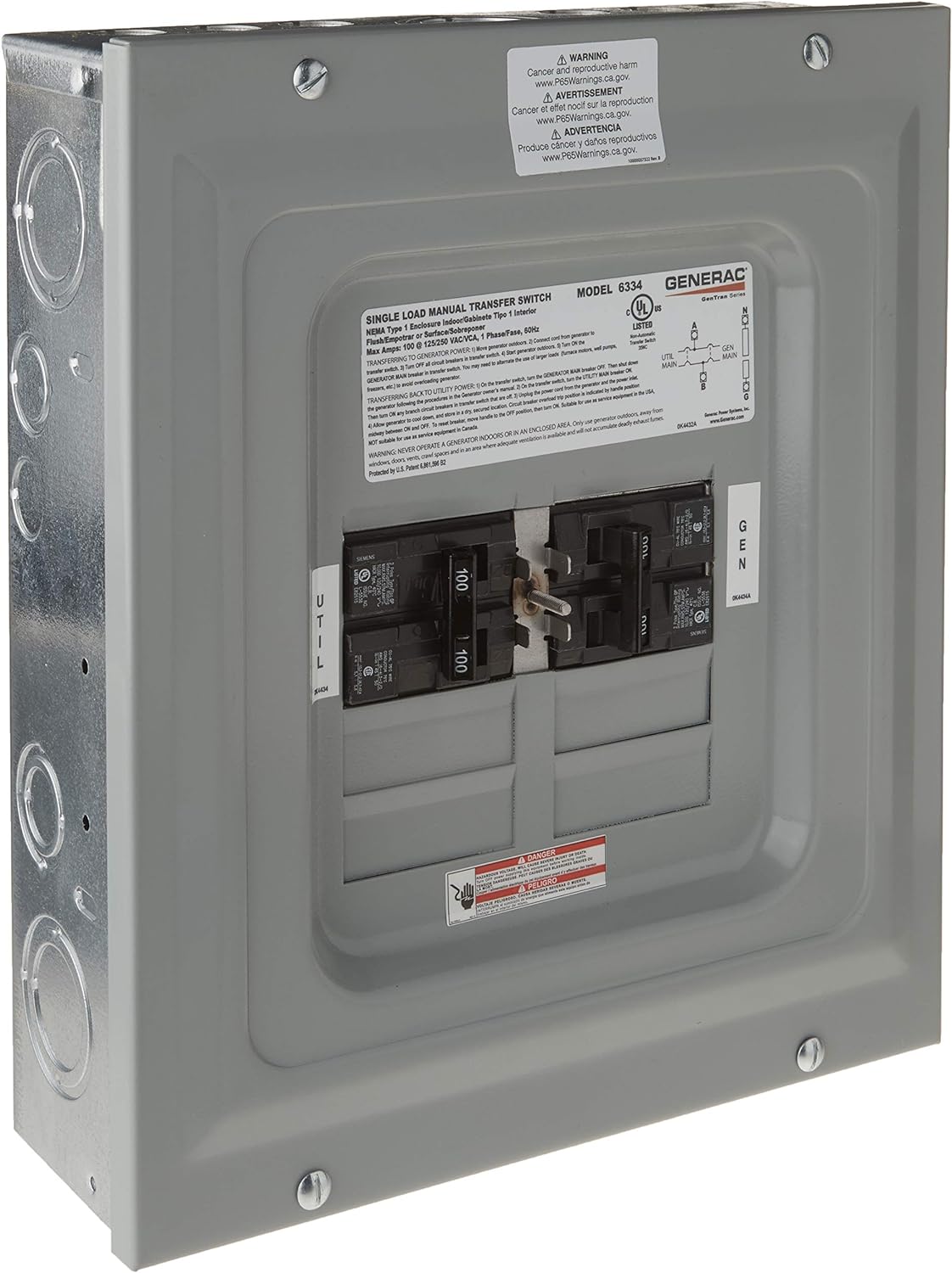Generac 60-Amp Manual Generator Transfer Switch, Single Load Double Pole, Indoor Backup Power for Portable Generators