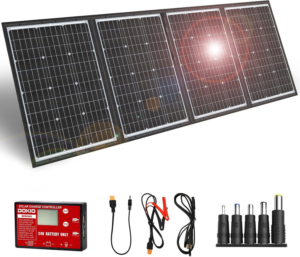 DOKIO 200W 36V Portable Foldable Solar Panel Kit, Compact 19x26.4in Design 9.7lb with Standalone Controller and USB, Monocrystalline Charger for 24V Batteries, Power Stations, RV Camping Emergency Use