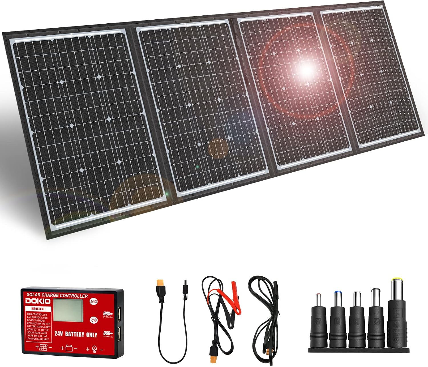 DOKIO 200W 36V Portable Foldable Solar Panel Kit, Compact 19x26.4in Design 9.7lb with Standalone Controller and USB, Monocrystalline Charger for 24V Batteries, Power Stations, RV Camping Emergency Use