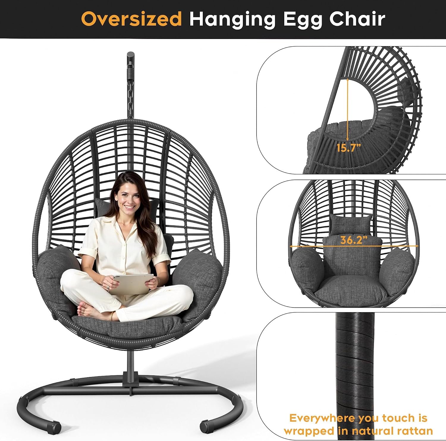 Hanging Egg Chair with Stand, Outdoor Swing Egg Chair with Rain Cover, 400 LBS Capacity All-Weather PE Wicker Swing Chair with Waterproof Cushions