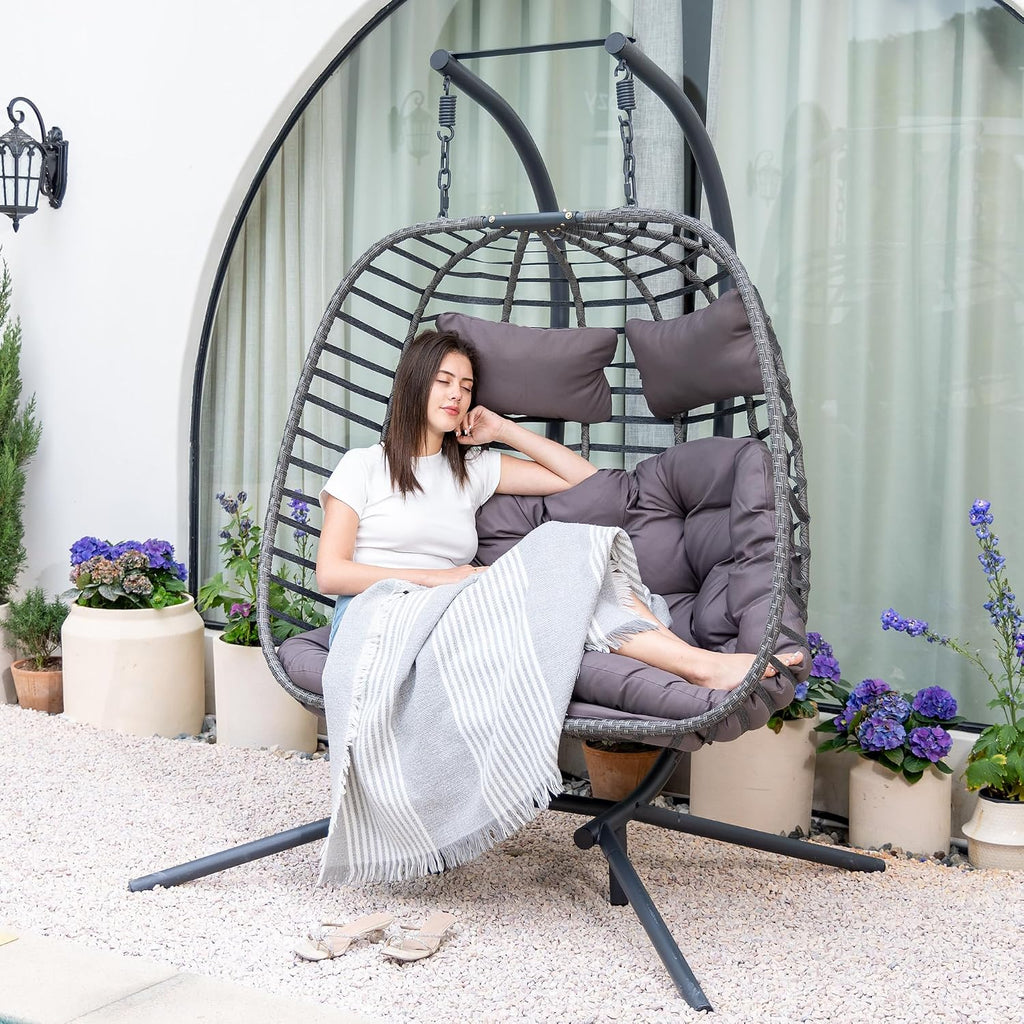 Brafab Double Egg Chair Swing with Stand, Oversized Hand-Woven Wicker Rattan 2-Person Egg Chairs for Outdoor Indoor, Hanging Egg Chair with Thick Double Cushion and Sturdy Steel Stand, Charcoal