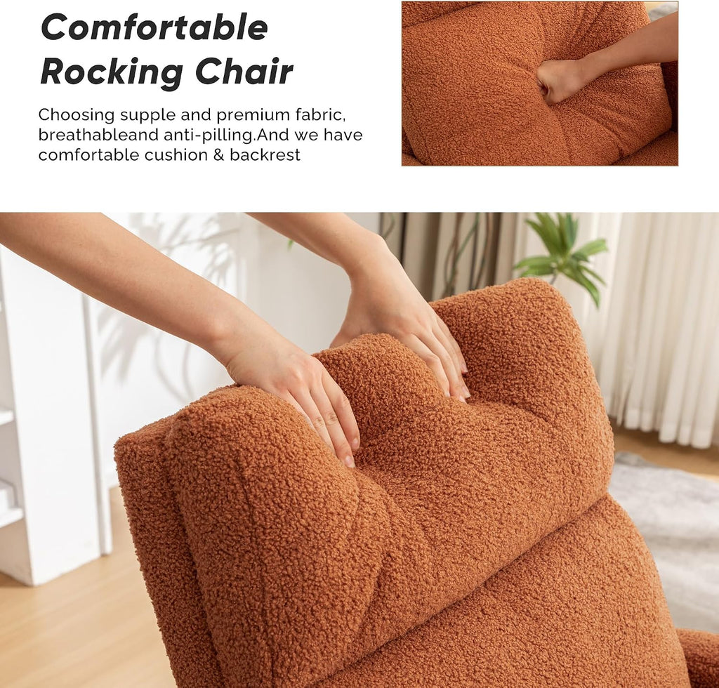 Rocking Chair Nursery, Rocker Nursing Chairs for Breastfeeding with Wood Legs and Side Pocket, Comfortable Glider Roking Chair for Nursery, Living Room, Bedroom,Teddy, Brown