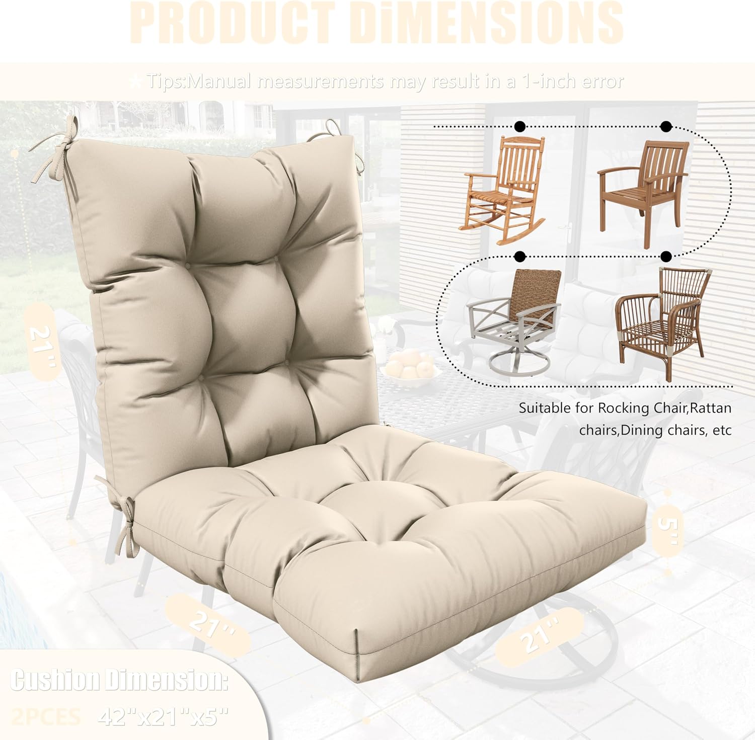2sets Rocking Chair Cushion Set,Outdoor Patio Chair Cushions,Waterproof and Fade-Resistant Replacement Tufted Pads with Ties for Indoor Outdoor Rocker/Patio/Swing Chair,42 x 21 x 5 Inches