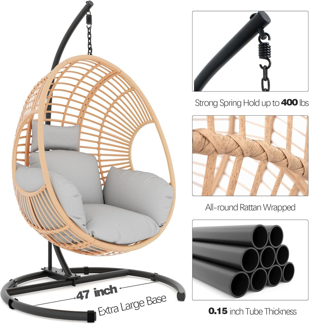 Oversized Hanging Egg Chair Outdoor Indoor, Wicker Swing Egg Chair with Stand 400lbs Capacity for Bedroom, Patio, Garden and Balcony (Beige-Regular, Oversize)