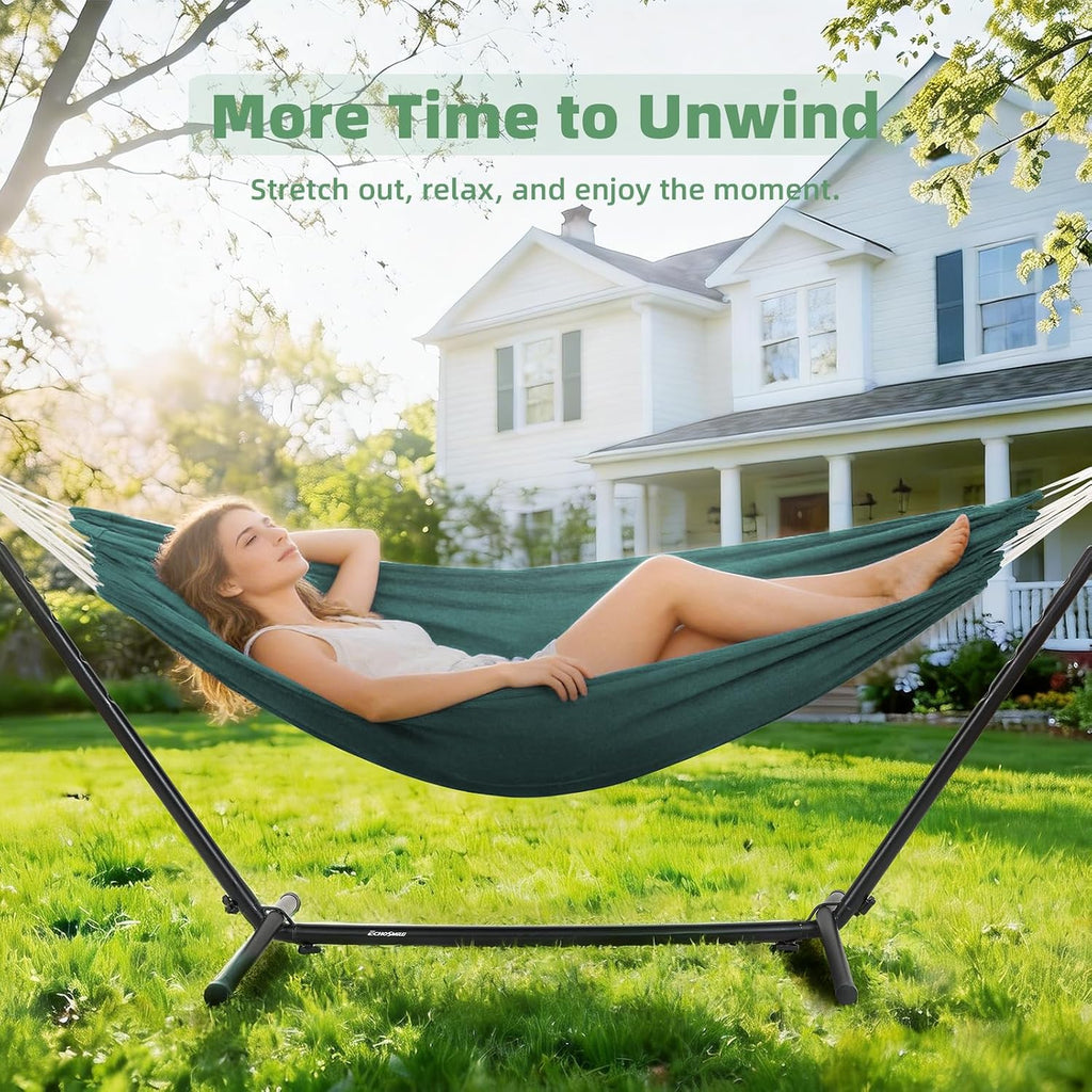 EchoSmile Double Hammock with Detachable Stand - 480 lbs Heavy Duty 2 Person Adjustable Hooks Indoor Outdoor Stand Hammock Durable Steel Frame, Green