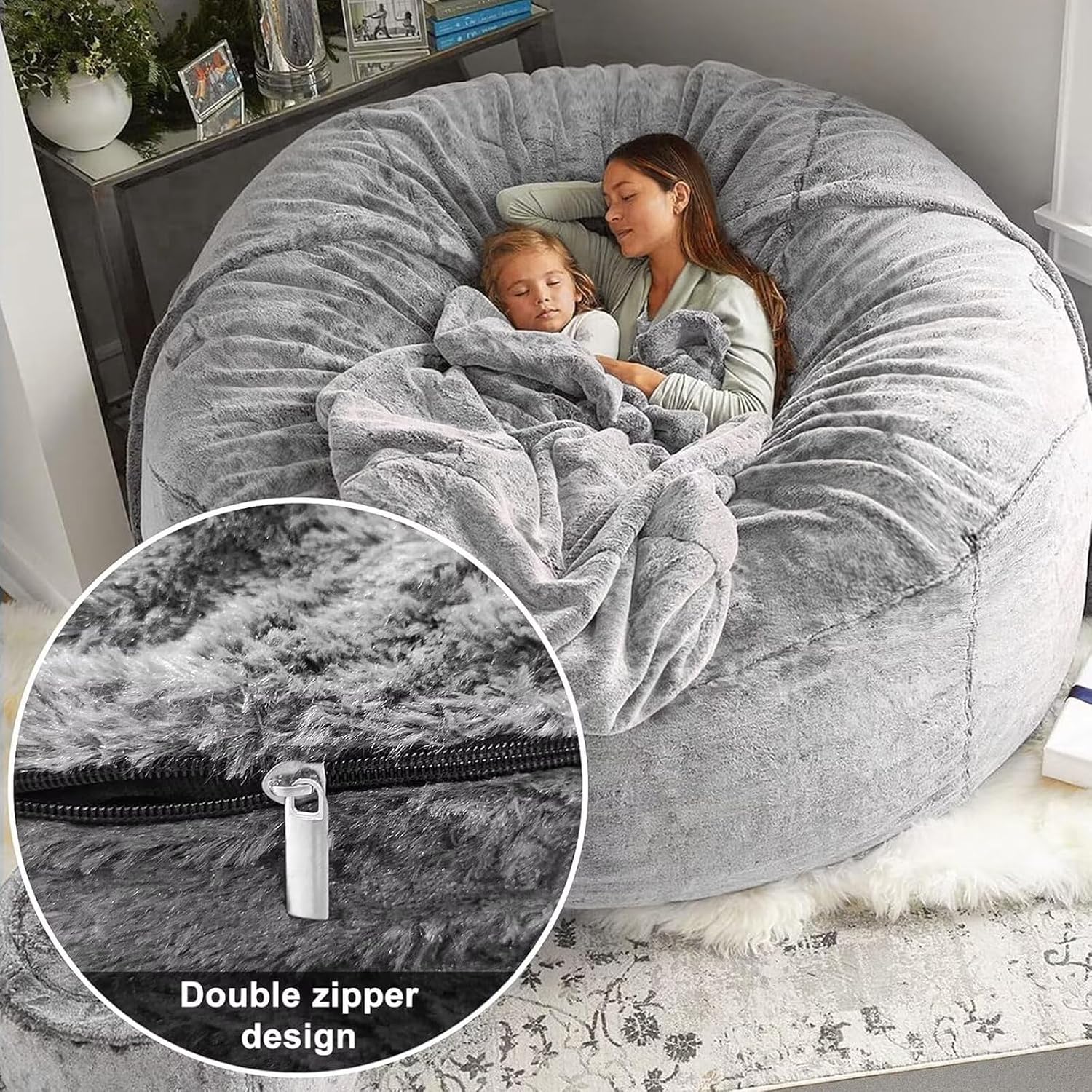 BCU 6FT Bean Bag Chair for Adults and Kids Without Filler Giant Stuffed Animal Storage Cover Soft Faux Fur Floor Chair Cover for Bedroom Living Room, Apple Green