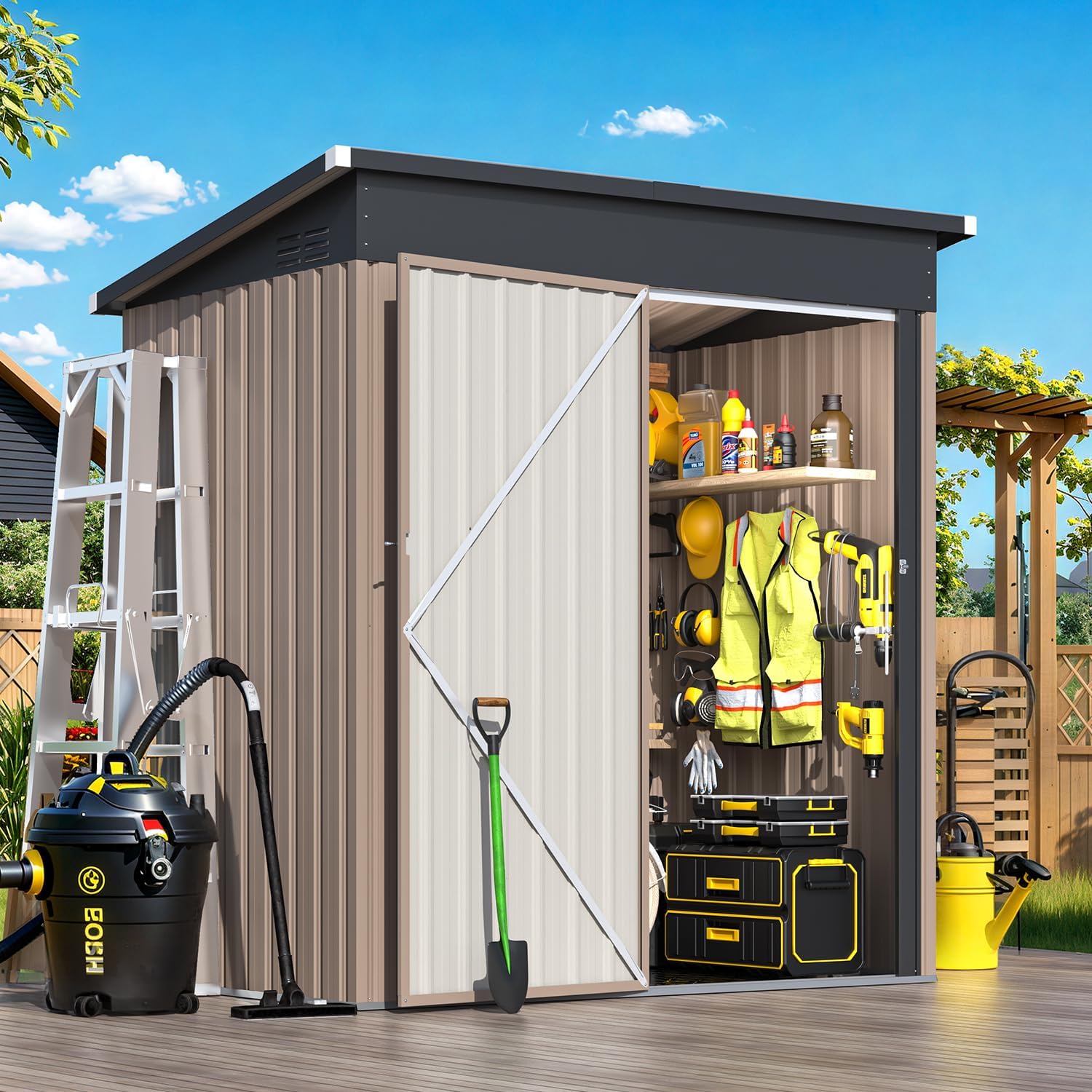 AECOJOY 5'x3' Outdoor Storage Shed with Floor Base, Small Metal Garden Sheds & Outdoor Storage Clearance with Waterproof Floor Included, 3x5 Tiny Utility and Tool Sheds for Backyard, Patio and Outside