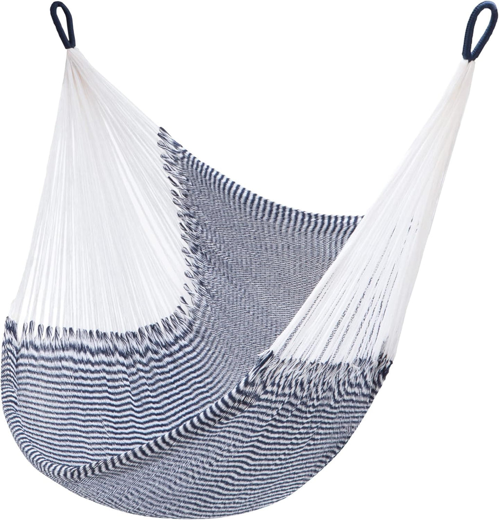 Handwoven Hanging Chair by Yellow Leaf Hammocks - Fits 1 Person, 330lb Max - Kick Back for Full-Body Recline - Weathersafe, Ultra Soft, Hang Anywhere - Color: Stripe Navy Blue - White