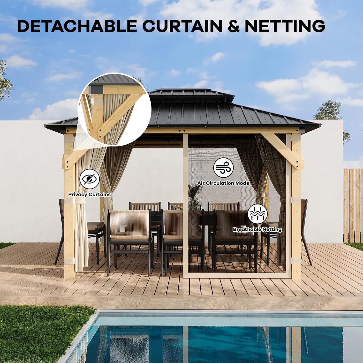10' x 12' Patio Gazebo Wooden Gazebo with Solid Spruce Frame and Aluminum Double Roof Suitable for Gardens, Patios, Lawns, and Parties Curtains and Netting Included!
