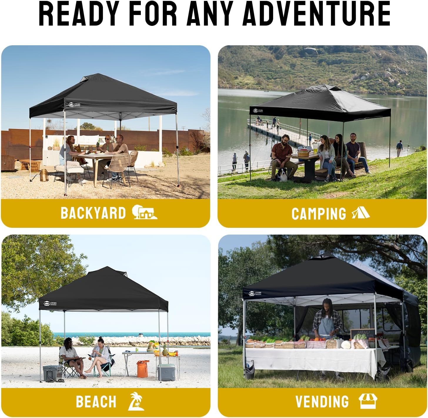 CROWN SHADES 12x12 Pop Up Canopy Outside Canopy, Patented One Push Tent Canopy with Wheeled Carry Bag, Bonus 8 Stakes and 4 Ropes, Black