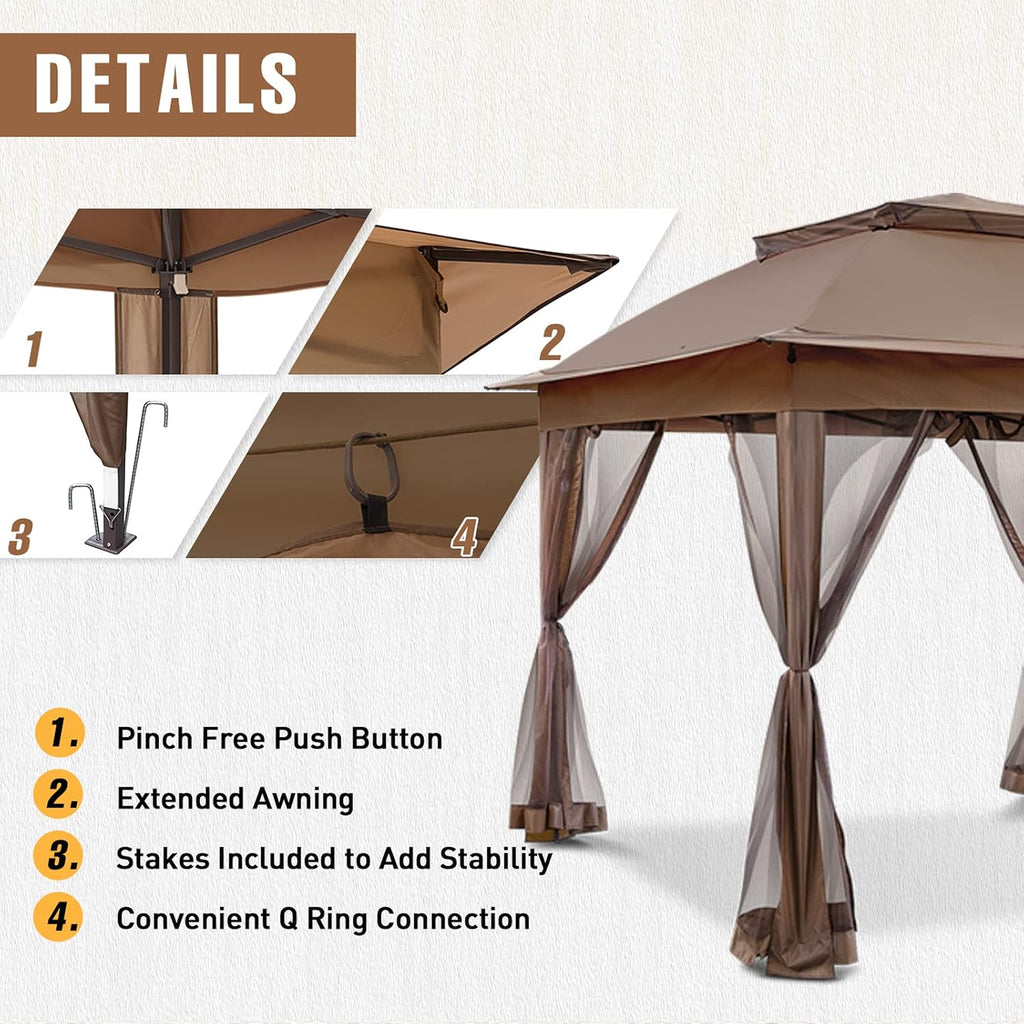 11x11 Pop Up Gazebo Tent with Mesh Netting, Instant Outdoor Canopy with UPF 50+ UV Protection, Water Resistant, Brown