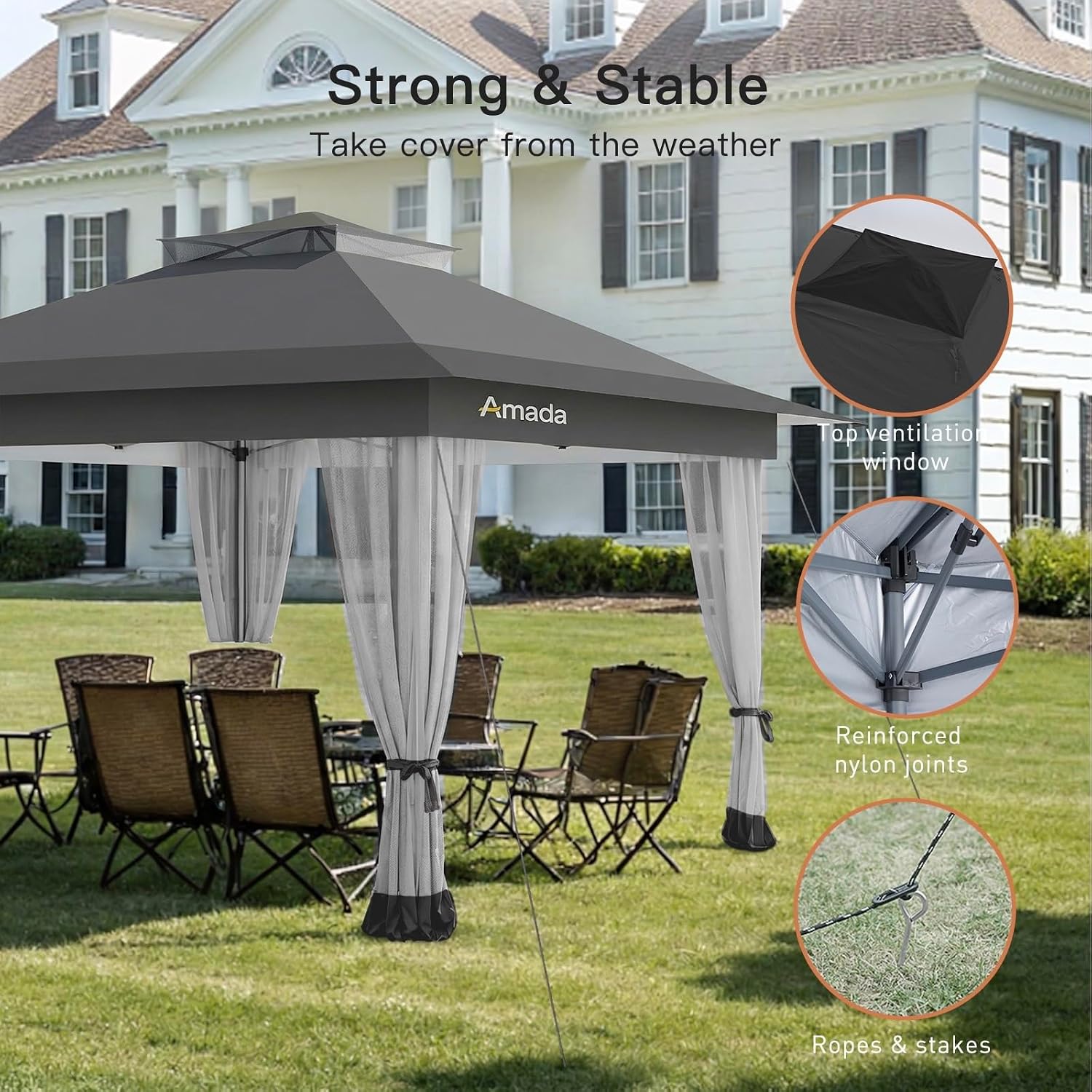 Amada 13x13 Pop Up Gazebo for Backyard & Patio Furniture,Gazebos on Clearance with Wheeled STO-N-Go Cover Bag,Carpa Pop Up Tent Party Tent and Shelter with Mosquito Netting for Lawn,Garden,Deck,Grey