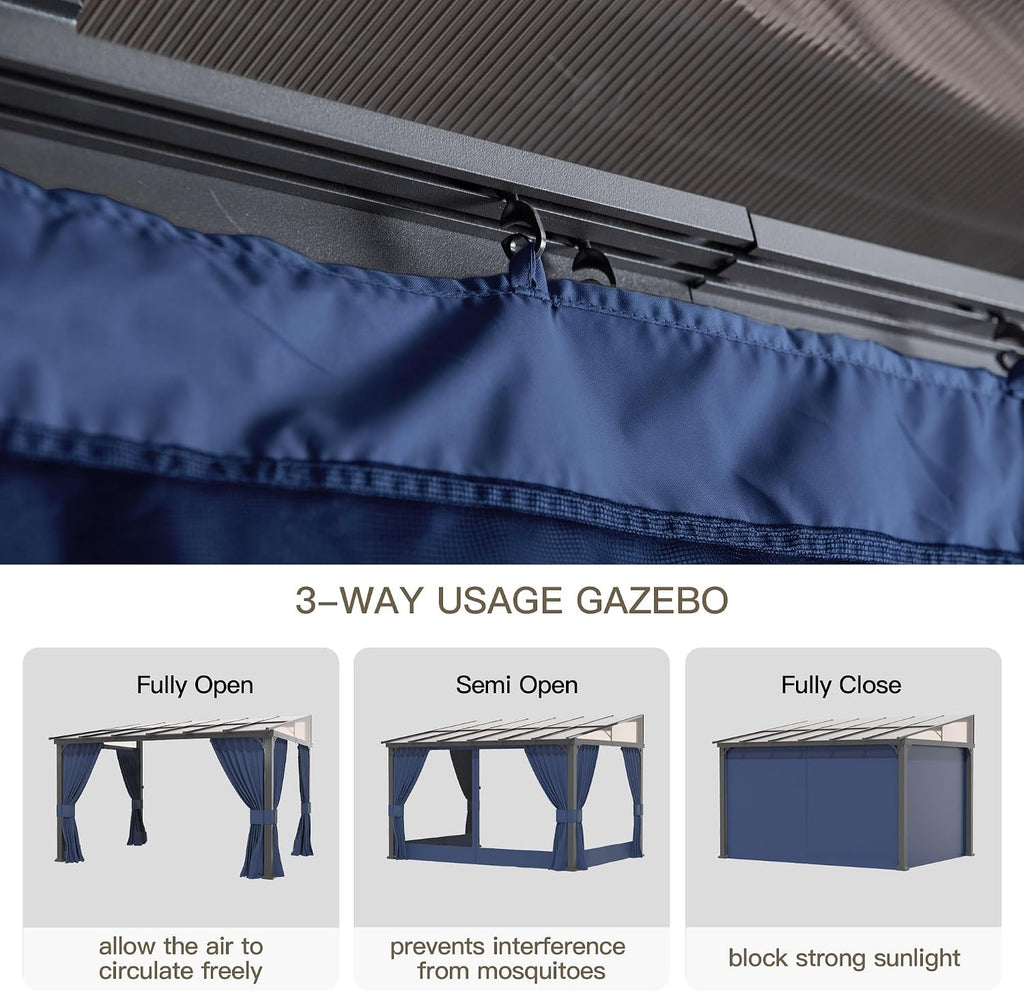 10' x 12' Gazebo for Patio,Wall Mounted Gazebo with Sloping Polycarbonate Roof,Aluminum Frame Outdoor pelgole w/Netting & Curtain for Garden,Deck,Backyard,NavyBlue