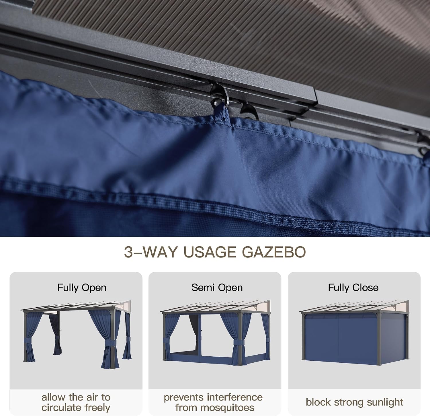 10' x 12' Gazebo for Patio,Wall Mounted Gazebo with Sloping Polycarbonate Roof,Aluminum Frame Outdoor pelgole w/Netting & Curtain for Garden,Deck,Backyard,NavyBlue
