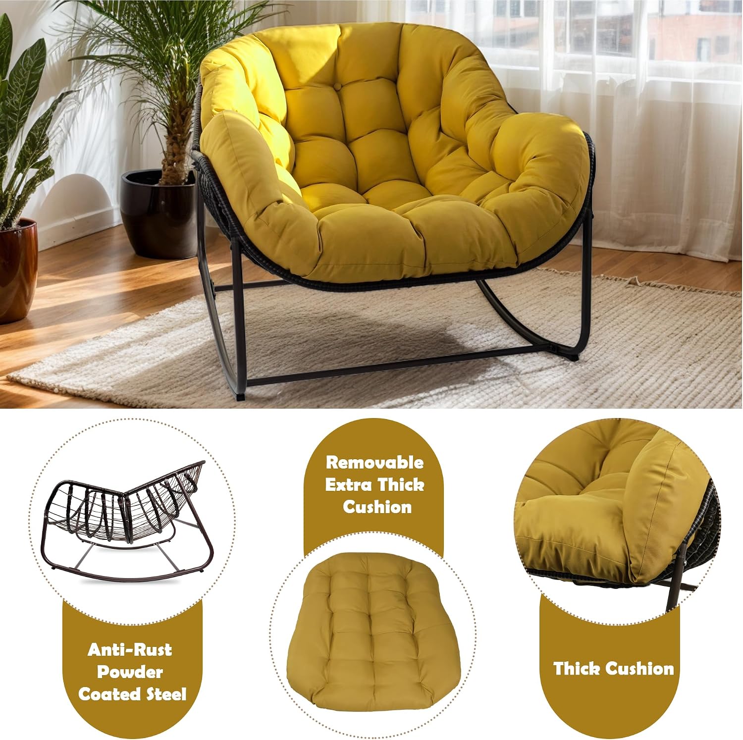 Papasan Rocking Chair, Oversized Egg Rocker for Indoor & Outdoor Use, All-Weather Wicker Patio Chair with Cushion & Pillow, Papasan Rocking Egg Chair for Bedroom, Garden, Yellow