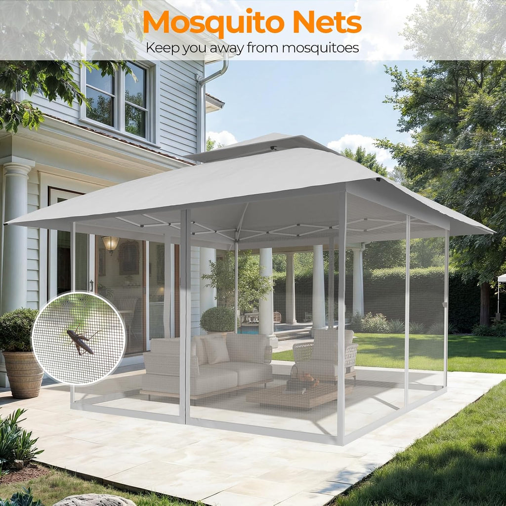 13x13 Pop Up Gazebo Outdoor Canopy Shelter with 4 Sandbags, Instant Patio Gazebo Sun Shade Canopy Tent, Double Tiers & Mesh Netting for Lawn, Garden, Backyard & Deck, Light Grey