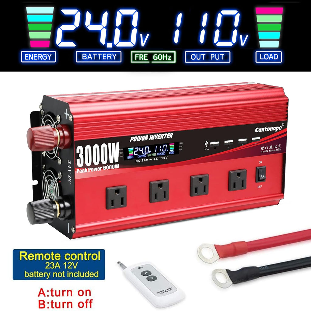 Cantonape 3000W Power Inverter 24V to 110V/120V DC to AC with LCD Display, Remote Controller 4 x AC Outlets and 4 x 3.1A USB Car Adapter for Car Truck Boat RV Solar System